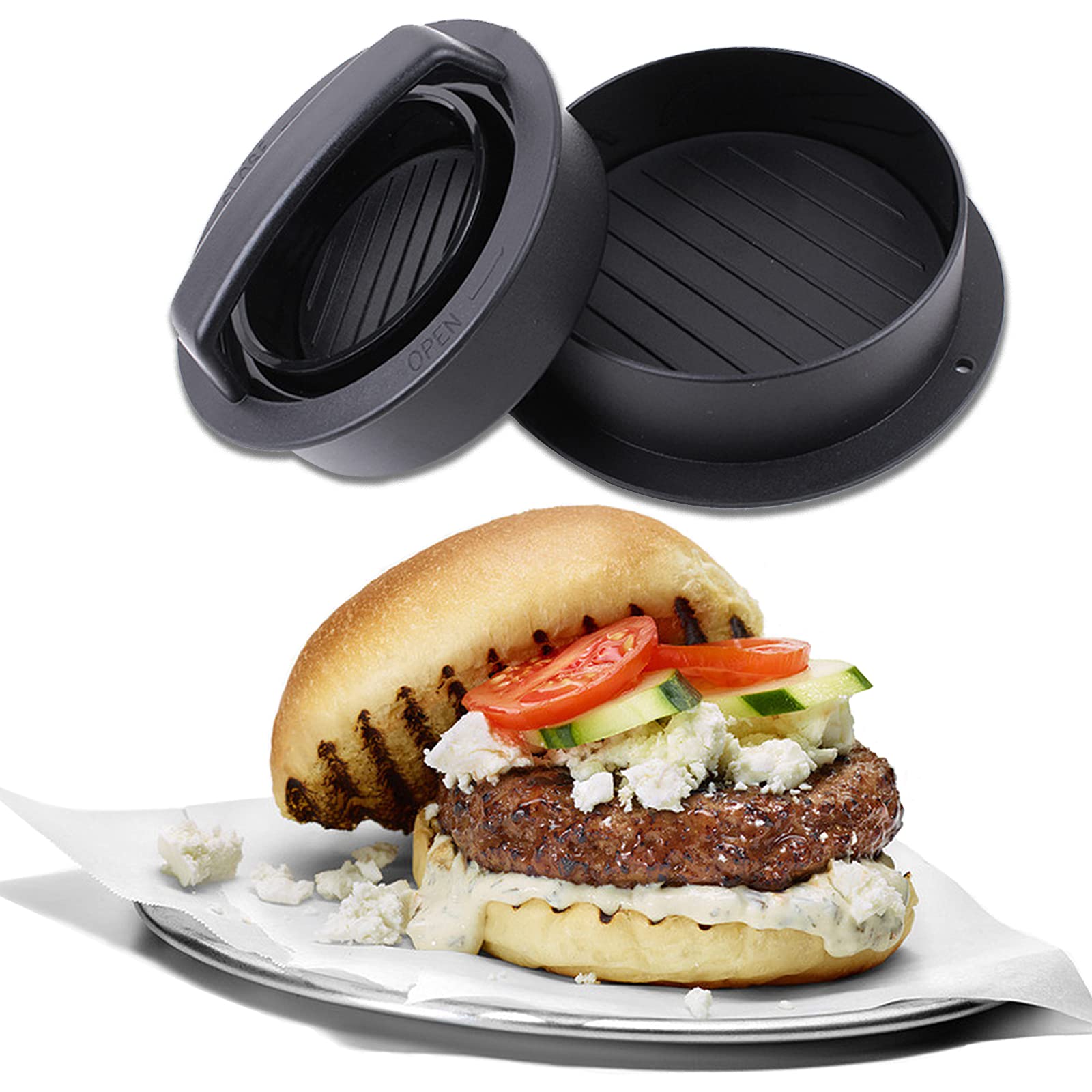 3-in-1 Non-Stick Hamburger Patty Press Maker with 50 Wax Papers - Perfect for BBQ, Backyard Grilling & Homemade Burgers - Create Juicy Patties for Sliders, Regular & Large Burgers