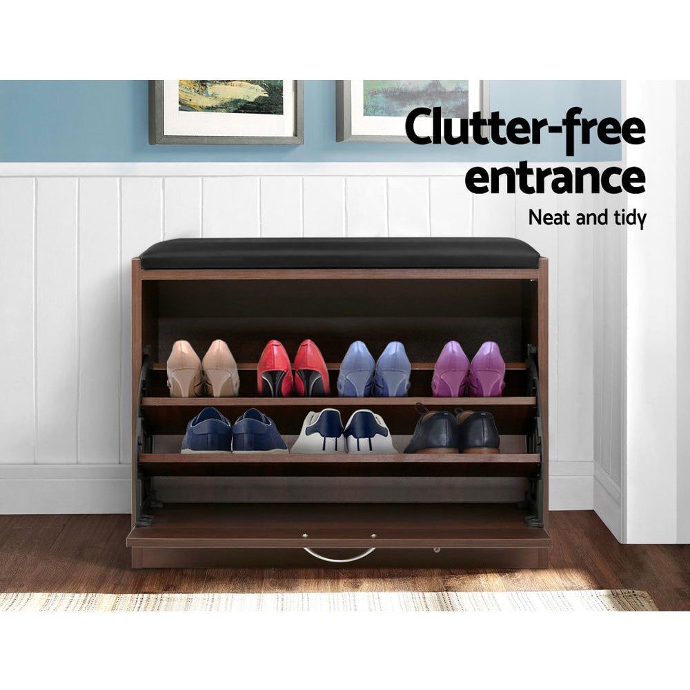 15-Pair Walnut Shoe Bench Cabinet - Entryway Shoe Storage Organizer for Hallway, Mudroom & Closet Organization