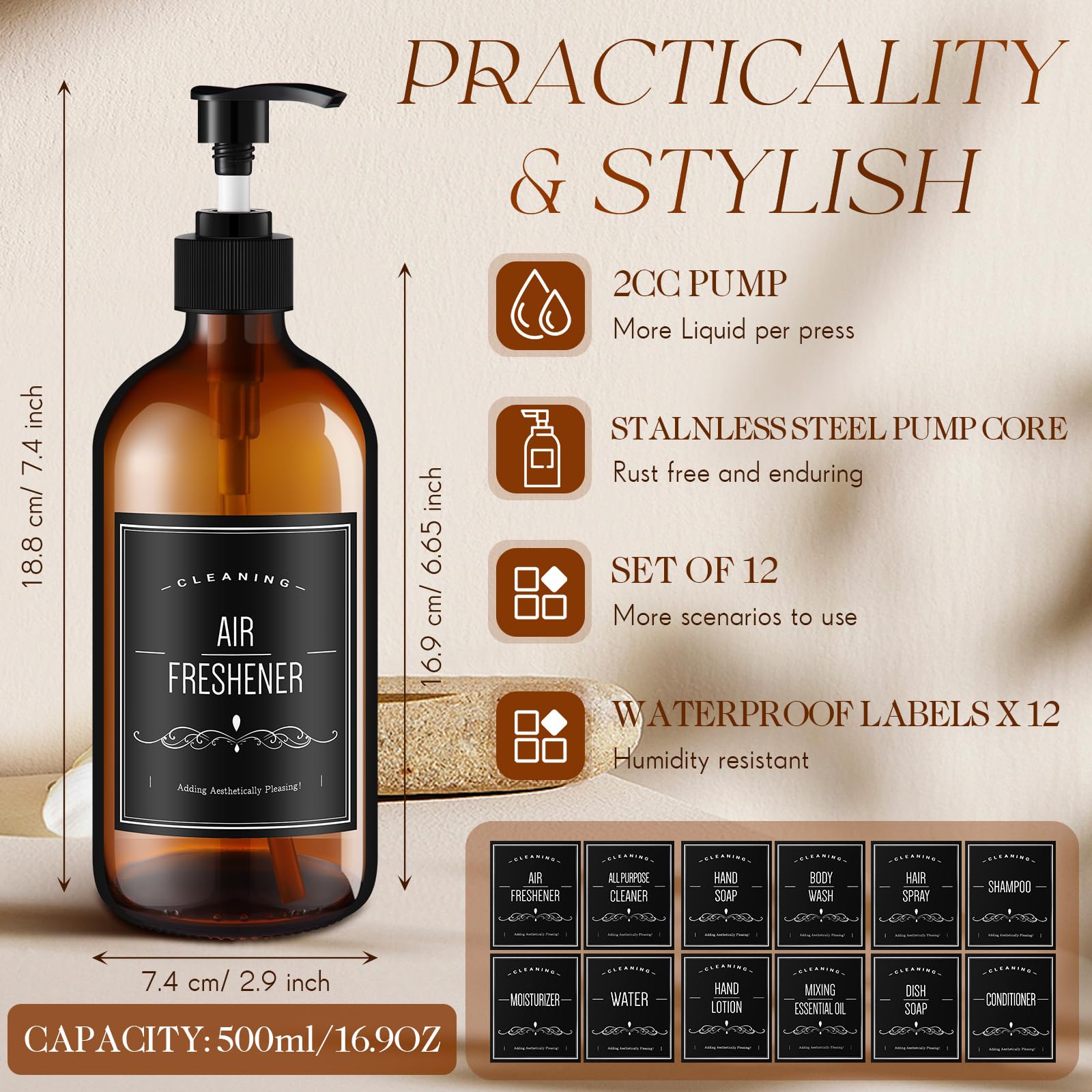 Queekay 12 Pack 16.9oz Amber Refillable Glass Bottles with Black Lotion Pumps - Reusable Shampoo, Conditioner & Soap Dispensers (Includes 2 Funnels & 12 Labels) - Perfect for Bathroom Organization, DIY Beauty Products & Eco-Friendly Home Storage