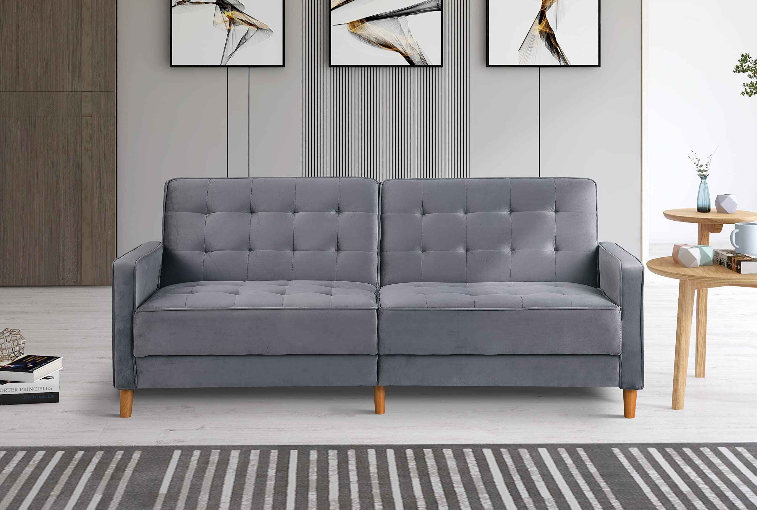 Velvet Upholstered Futon Sofa Bed with Square Armrest - Modern Loveseat Couch, Foldable Adjustable Sleeper Sofa for Living Room, Bedroom & Small Spaces - Grey Velvet Convertible Sofa | Perfect for Studio Apartments, Guest Rooms & Cozy Home Decor