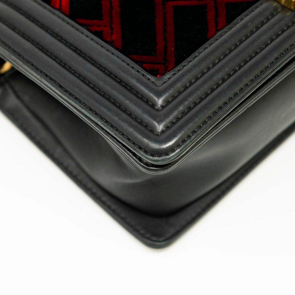 Chanel Medium Boy Bag in Red & Black Velvet - Luxury Designer Handbag for Women, Perfect for Parties, Dates & Special Occasions