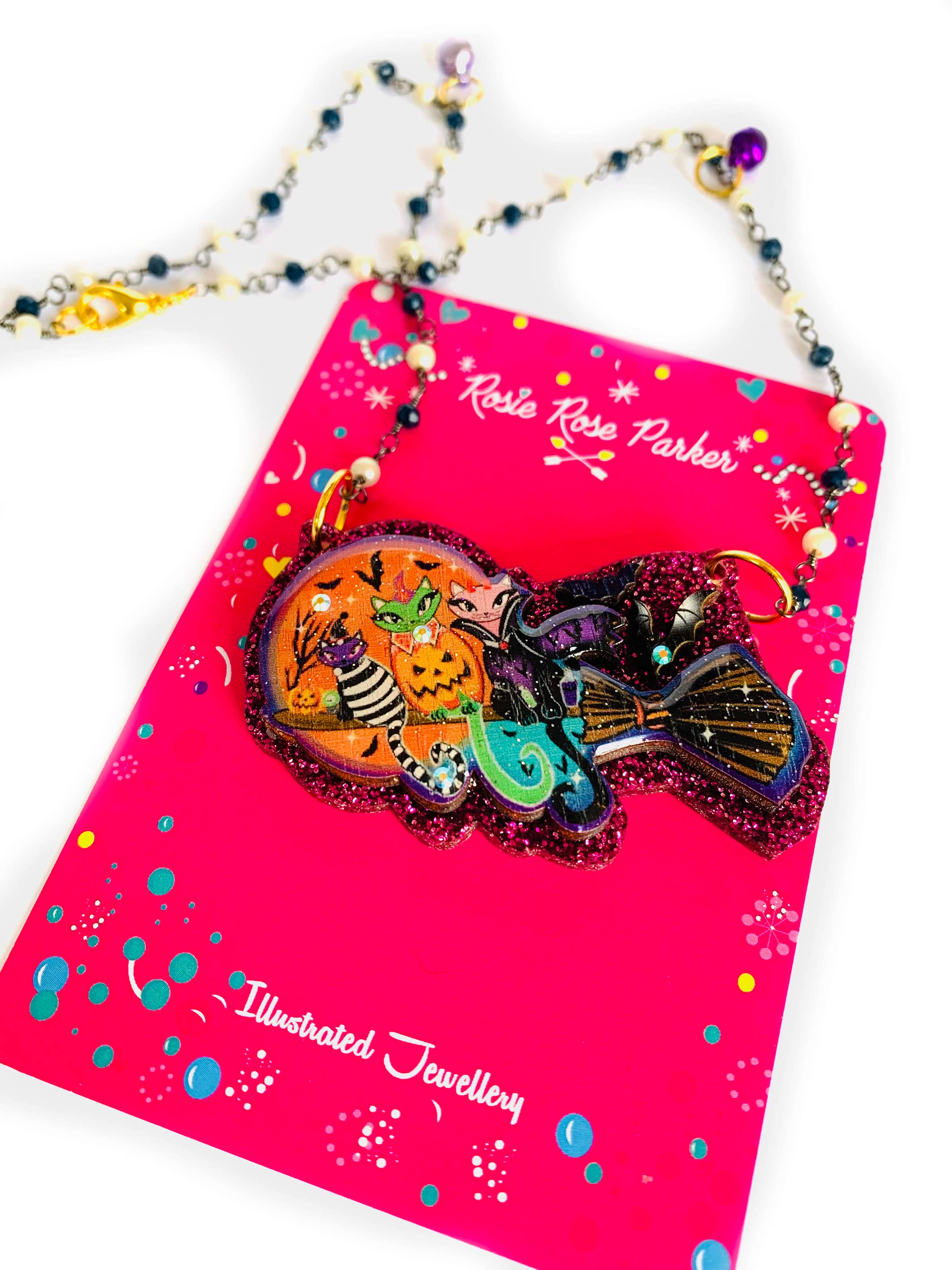 Rosie Rose Parker Cats on a Broom Necklace - Halloween Cat Witch Jewelry for Women, Perfect for Halloween Costume Accessories & Witchy Fashion