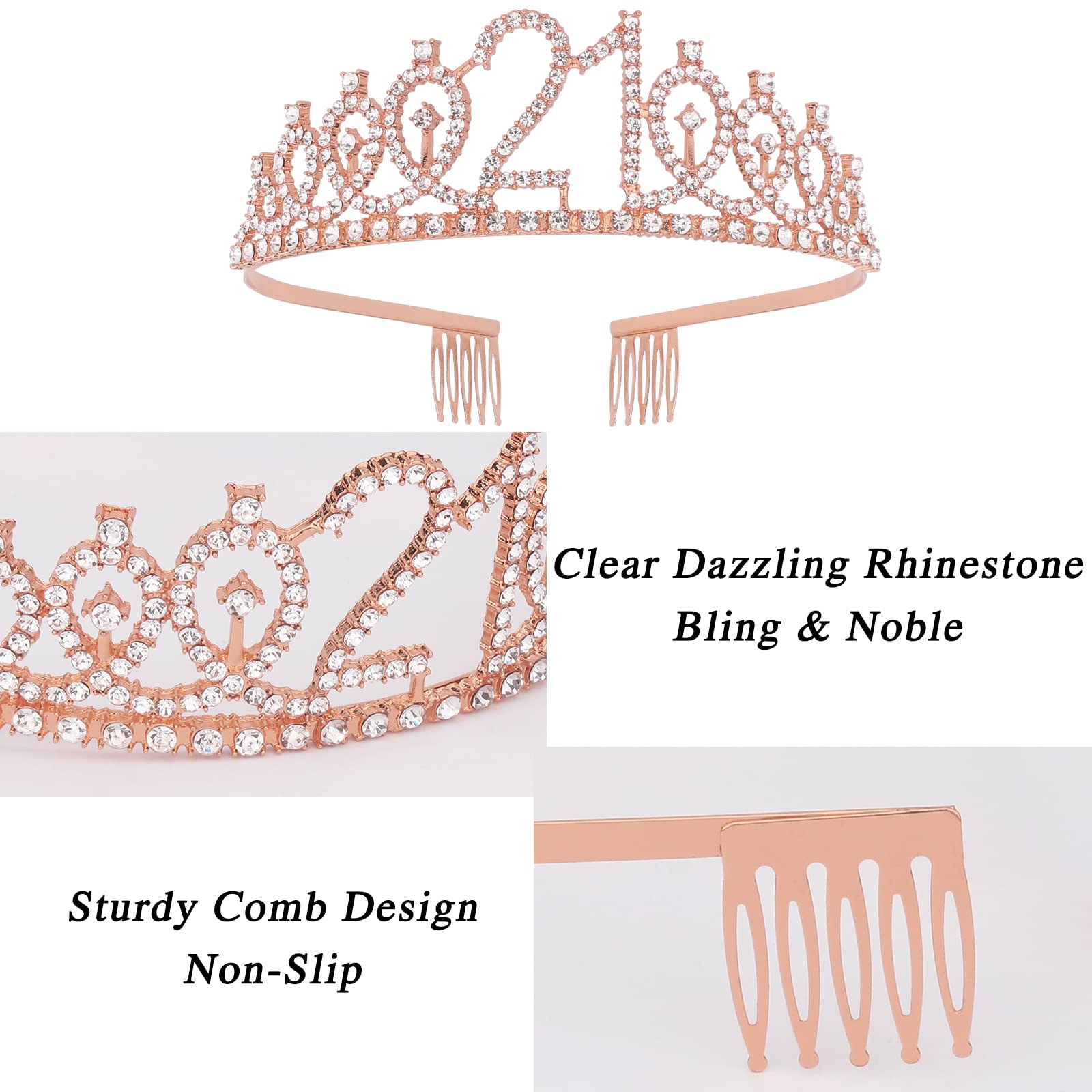 Rose Gold 21st Birthday Sash & Crown Set for Women - Elegant Tiaras & Sash for 21st Birthday Party Decorations - Perfect for Birthday Queen Celebrations, Bachelorette Parties & Special Occasions