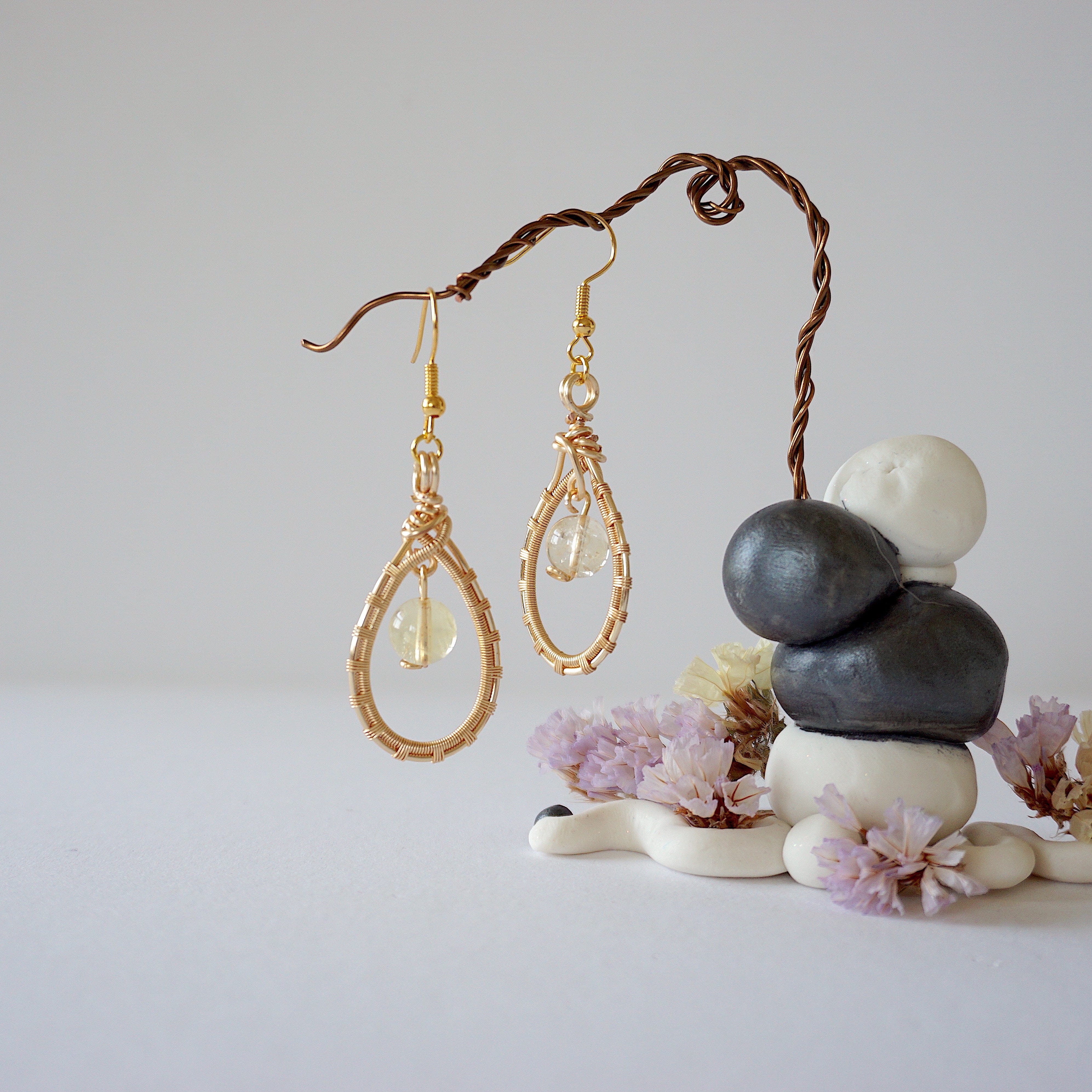 Citrine Round Wire Earrings - Gold Plated Dangle Earrings for Women | Elegant Jewelry Gift for Birthday, Anniversary & Party | Boho Chic & Everyday Wear