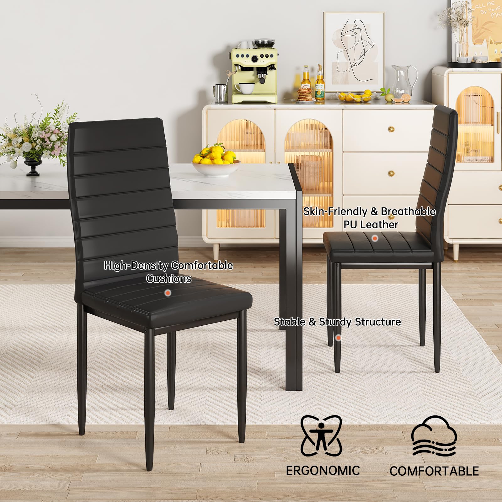 Recaceik 4-Piece Dining Table Set with Faux Marble Top & PU Leather Upholstered Chairs - Modern Kitchen Table and Chairs for Small Space, Perfect for Breakfast Nook, Apartment Dining, and Family Meals