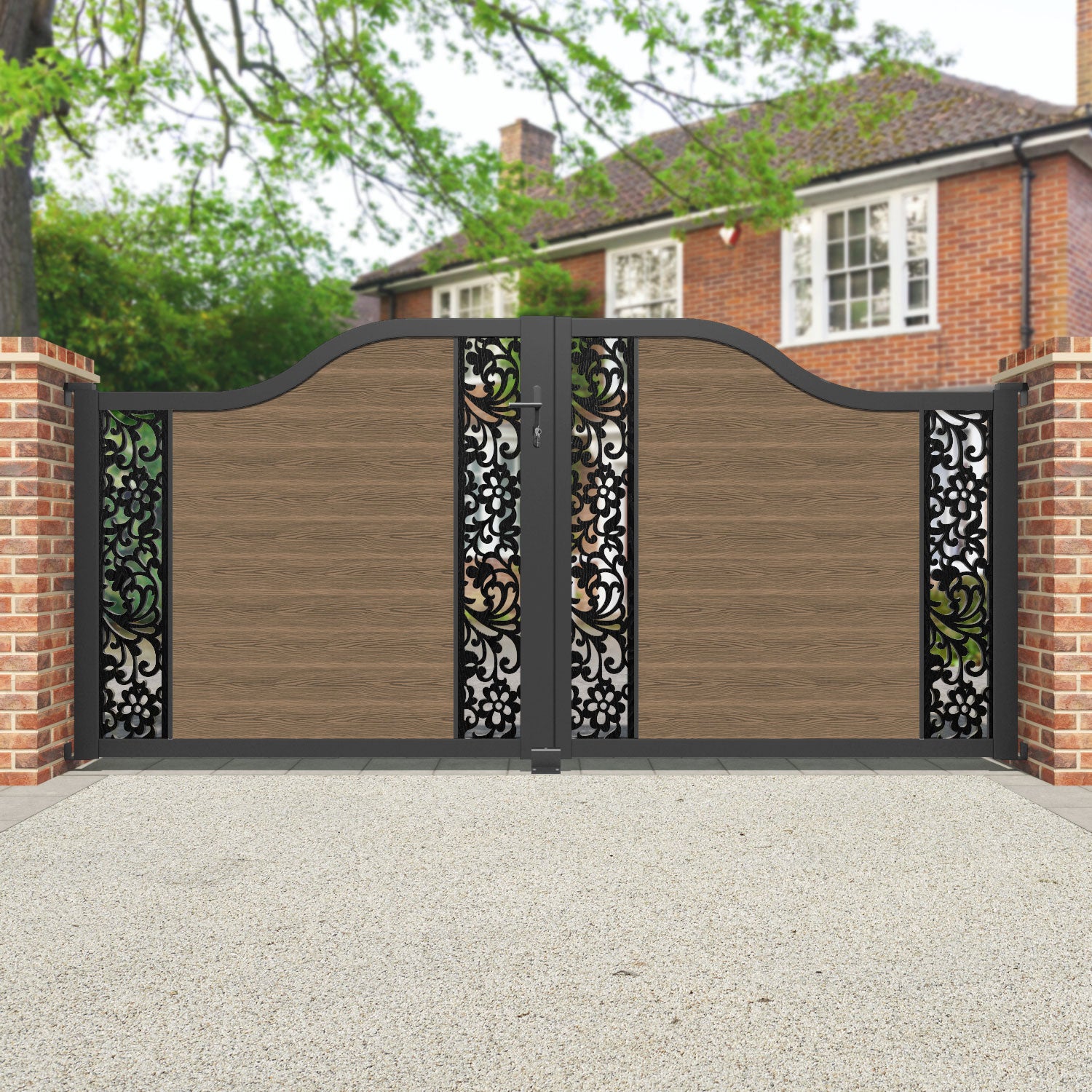 Classic Eden Curved Top Teak Driveway Gate with Middle & End Screen - Elegant Entryway Solution for Homes & Estates