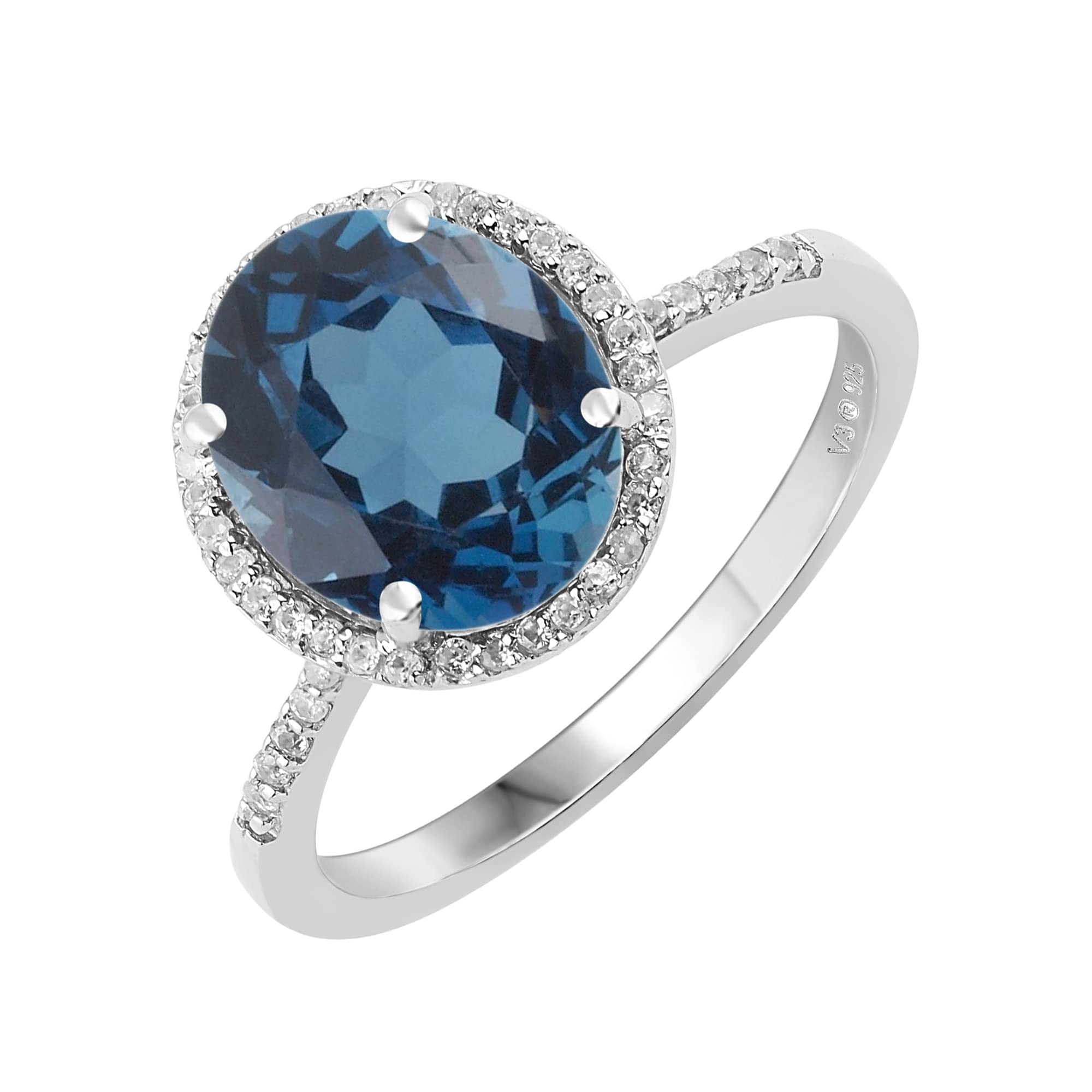 Natural London Blue Topaz & White Topaz Halo Sterling Silver Ring | Elegant Jewelry for Women, Engagement, Wedding, Anniversary Gift