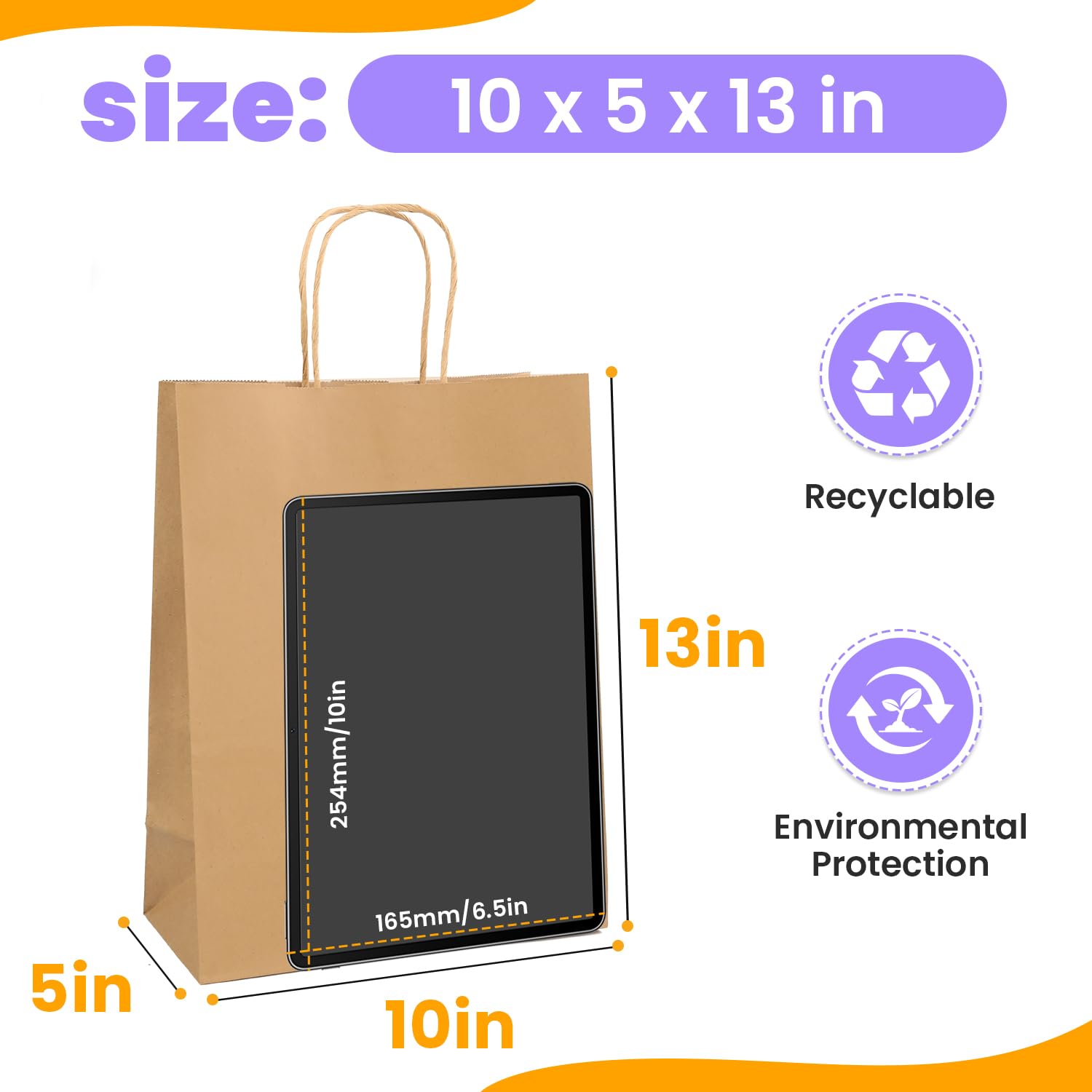 XPCARE 100-Pack Large Brown Kraft Paper Gift Bags with Handles (10x5x13 Inch) - Bulk Eco-Friendly Shopping Bags for Weddings, Parties, Retail & Gift Packaging