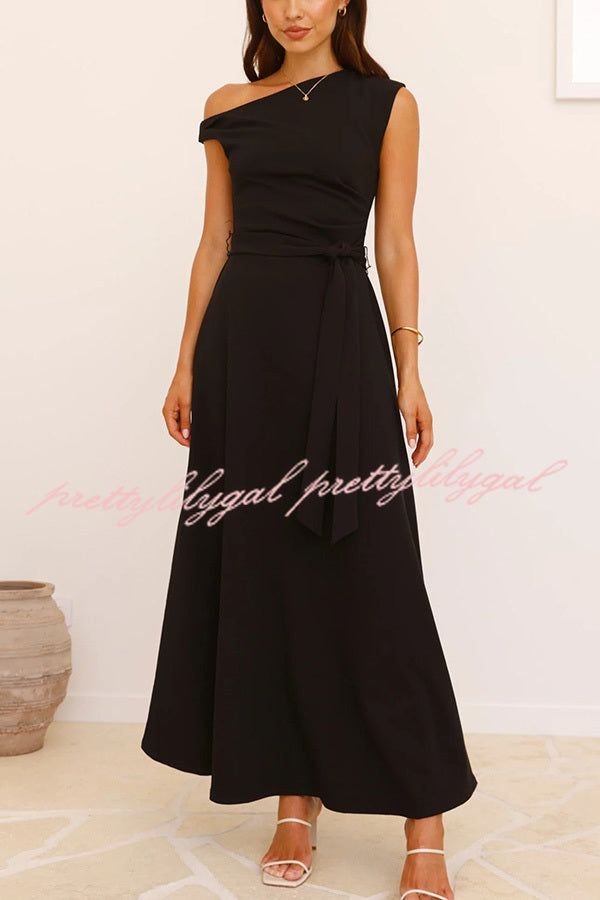 Elegant Solid Color Sloped Collar Slim Fit Waist Lace Up Maxi Dress for Women | Formal & Casual Occasions | Perfect for Weddings, Parties & Date Nights