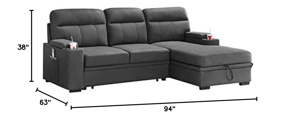MAKLAINE Modern Microfiber Sectional Sofa with Chaise, Storage & Cup Holders - Gray Contemporary Sleeper Sofa for Living Room, Home Theater & Small Spaces