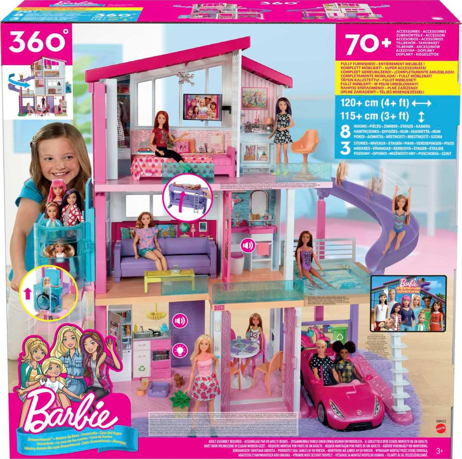 Barbie DreamHouse Dollhouse Playset with 70+ Accessories - Transforming Furniture, Elevator, Slide, Lights & Sounds - Perfect for Imaginative Play & Gift for Girls Ages 3+