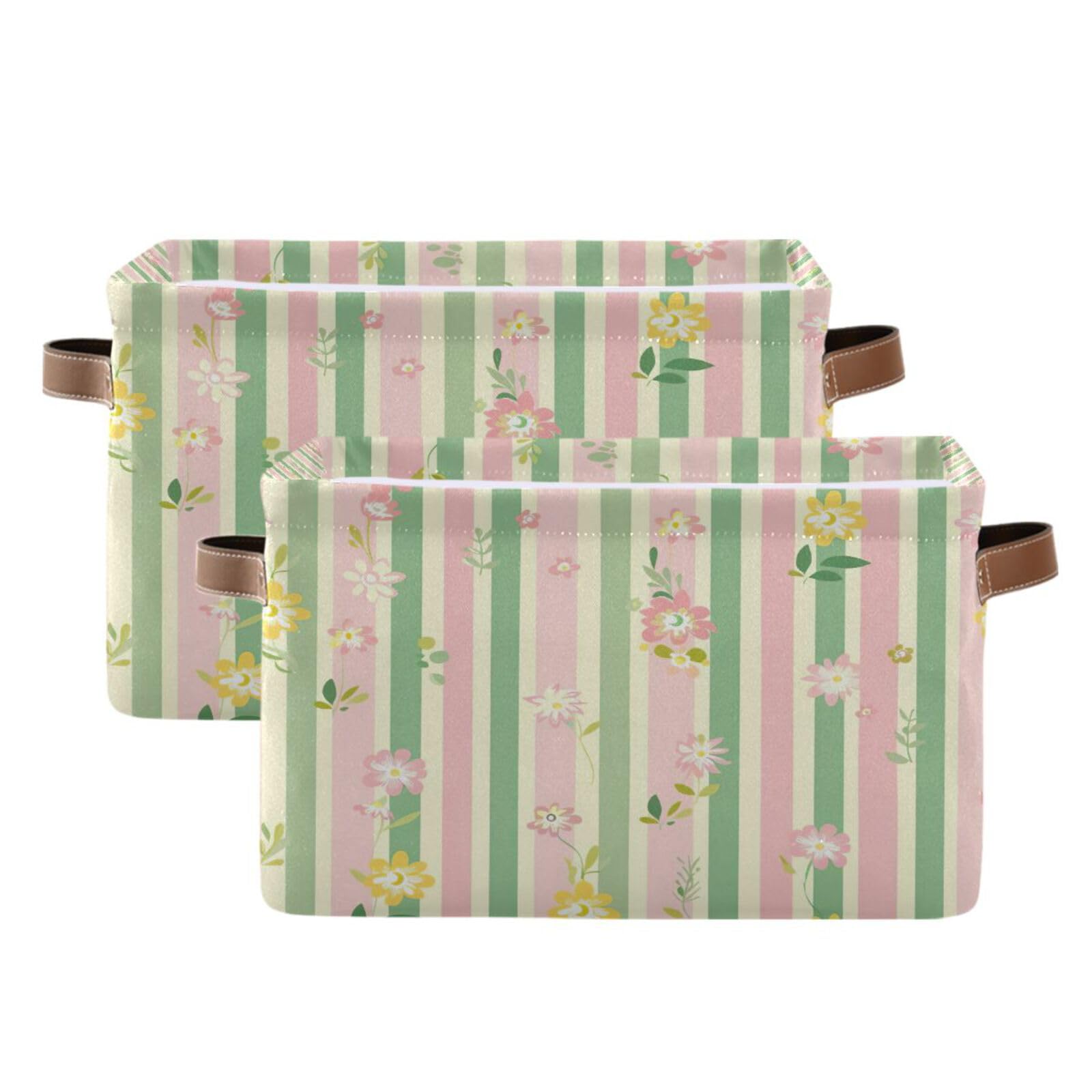 Foldable Striped Flower Large Square Storage Basket Bin with Handles (2-Pack) - Multi-Functional Organizer for Closet, Shelf, Nursery | Perfect for Storing Toys, Books, Clothes & Home Organization