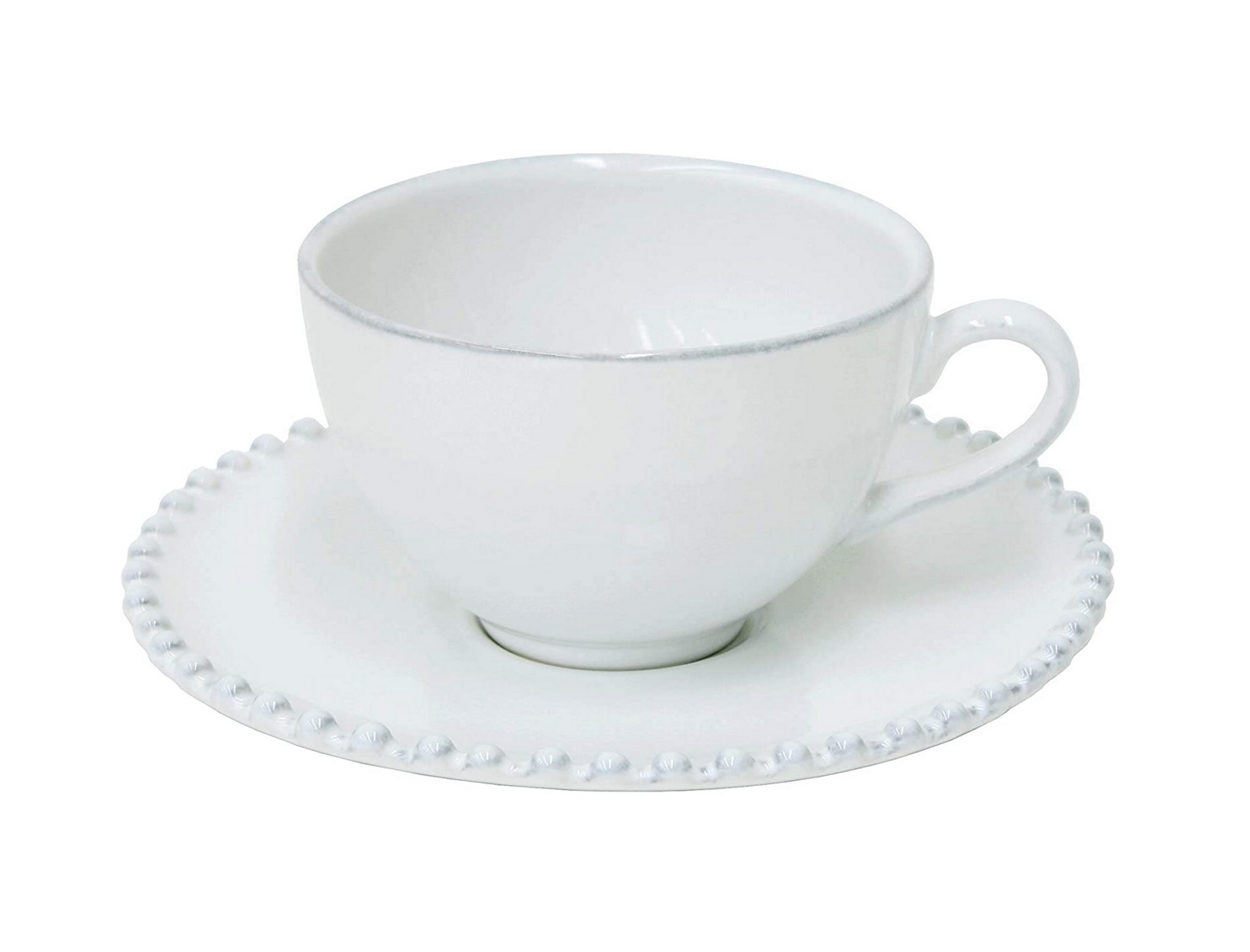 COSTA NOVA Pearl Collection 8 oz White Ceramic Tea Cup and Saucer Set - Elegant Stoneware for Afternoon Tea, Coffee, and Home Decor