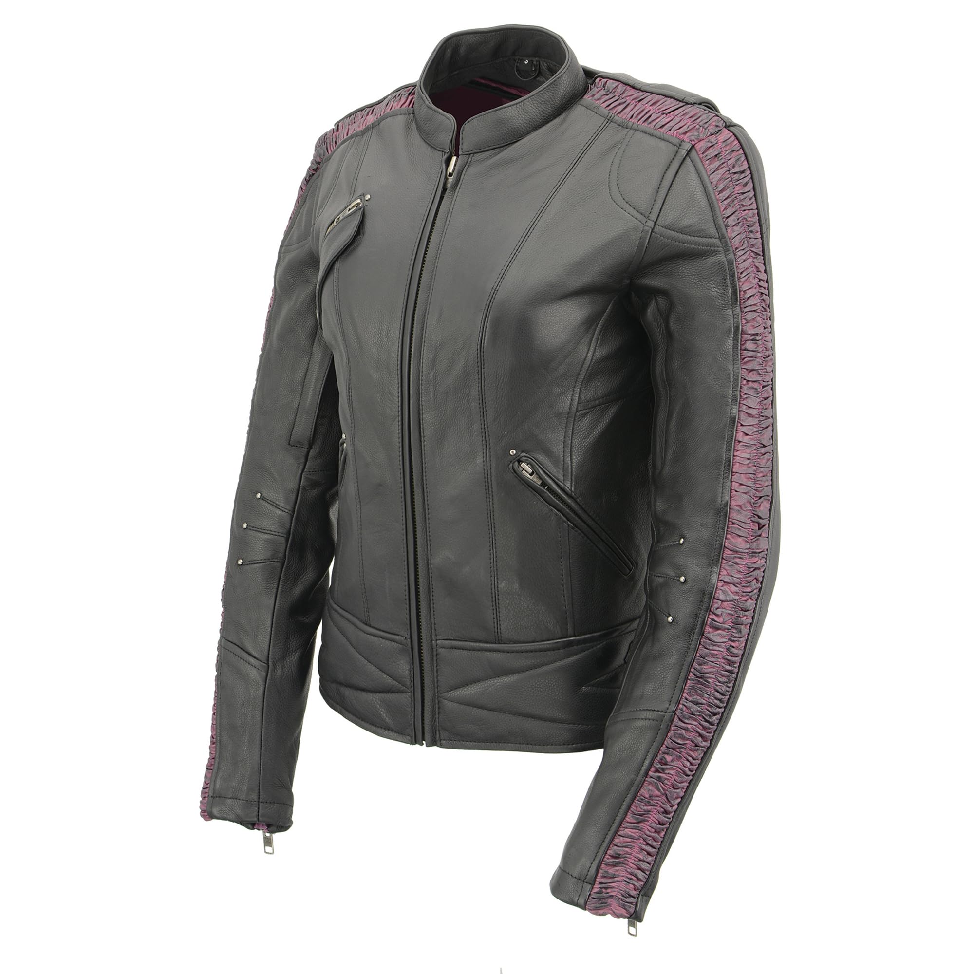 Milwaukee Leather Ladies Black Purple Fuchsia Racer Jacket with Phoenix Studding & Embroidery MLL2570 - Stylish Motorcycle Jacket for Women Riding & Fashion Outfits