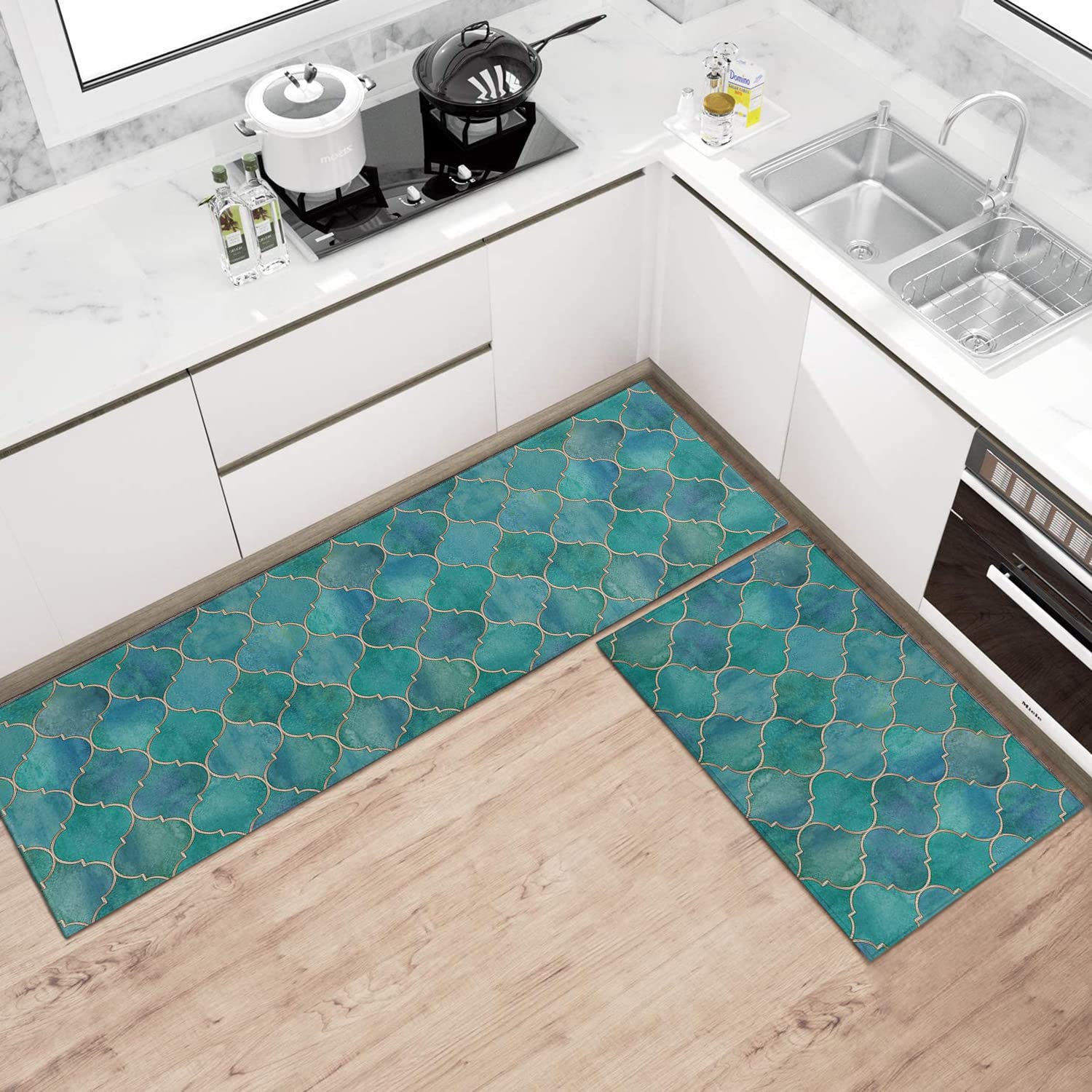Non-Slip Washable Teal Kitchen Rugs Set of 2 - Soft Turquoise Decor Floor Mats for Kitchen, Dining Room & Entryway - Anti-Skid Bathroom Rug Pads with Non-Slip Backing (2-Piece Set)
