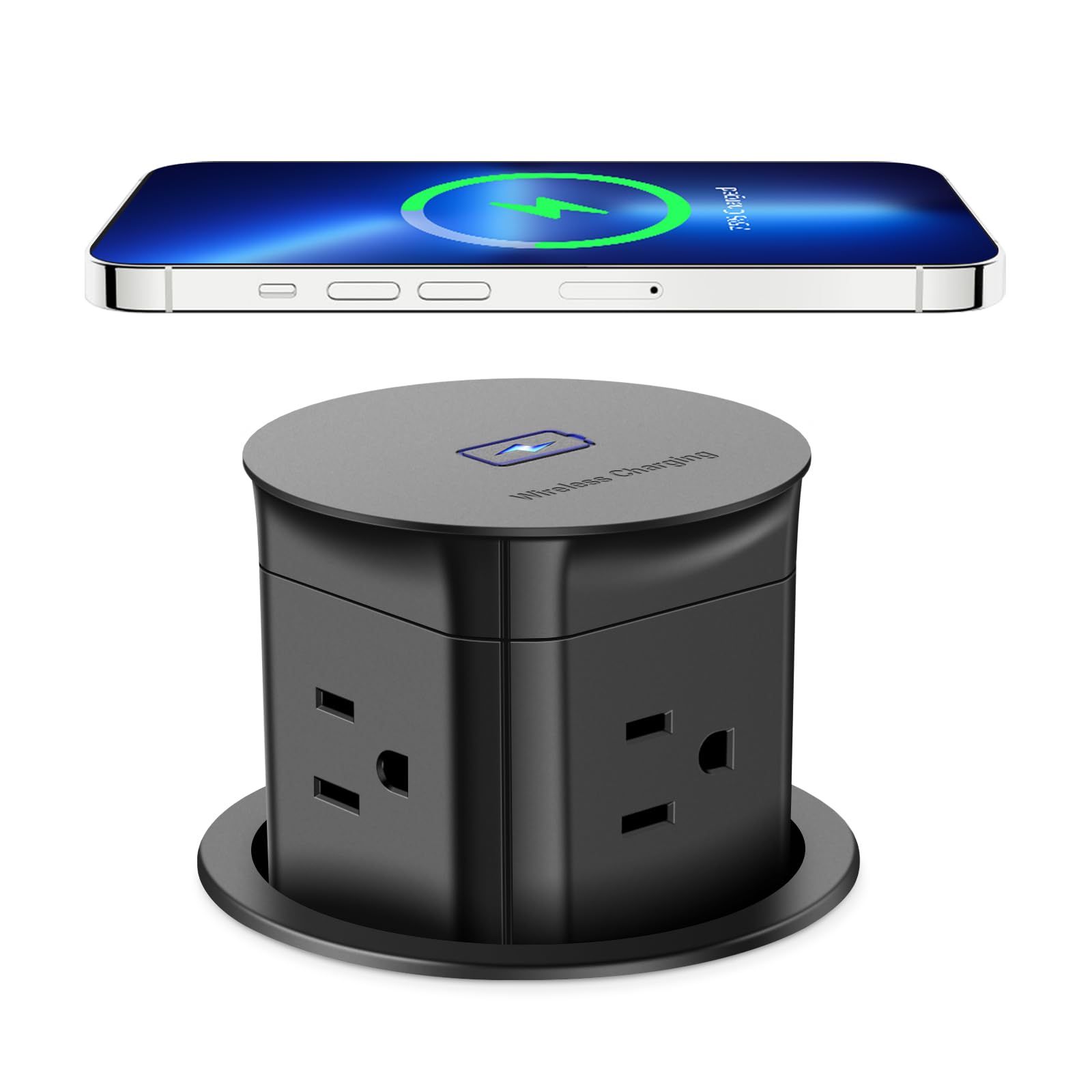 3 Inch Pop Up Outlet with 15W Wireless Charger - ETL Listed Kitchen Island Power Outlet with 4 AC Outlets & 6FT Cord - Perfect for Countertops, Bars, and Office Desks
