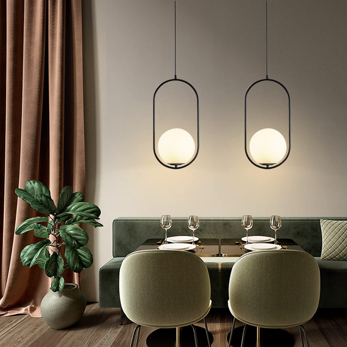 Modern Black Globe Pendant Light Set of 2 - Frosted Glass Shade Geometric Hanging Fixture - Adjustable Indoor Spherical Lighting for Kitchen Island, Dining Room, Bedroom & Living Room Decor