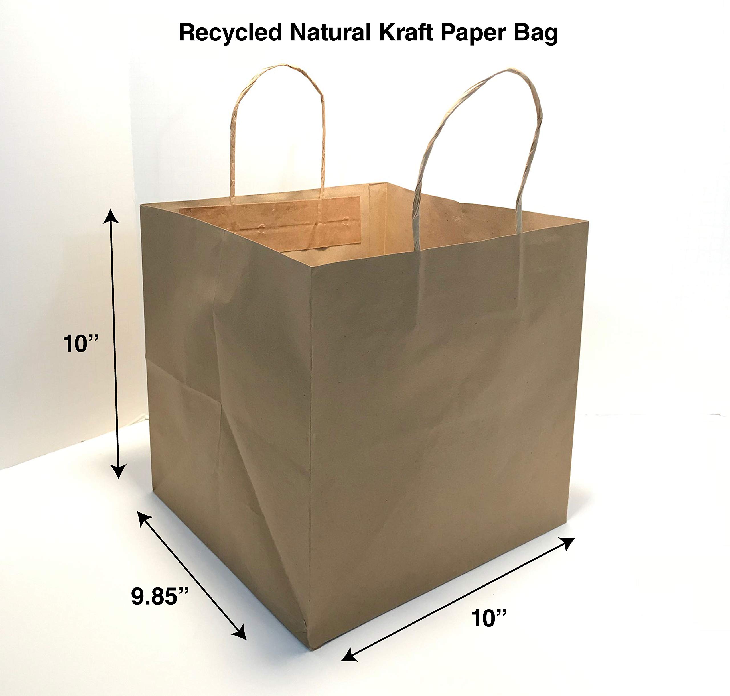 ZT Packaging 10x9.85x10 Inch Wide Gusset Recycled Kraft Paper Takeout Bags - 250PCS Eco-Friendly Food Service Bags with Twisted Paper Handles for 9