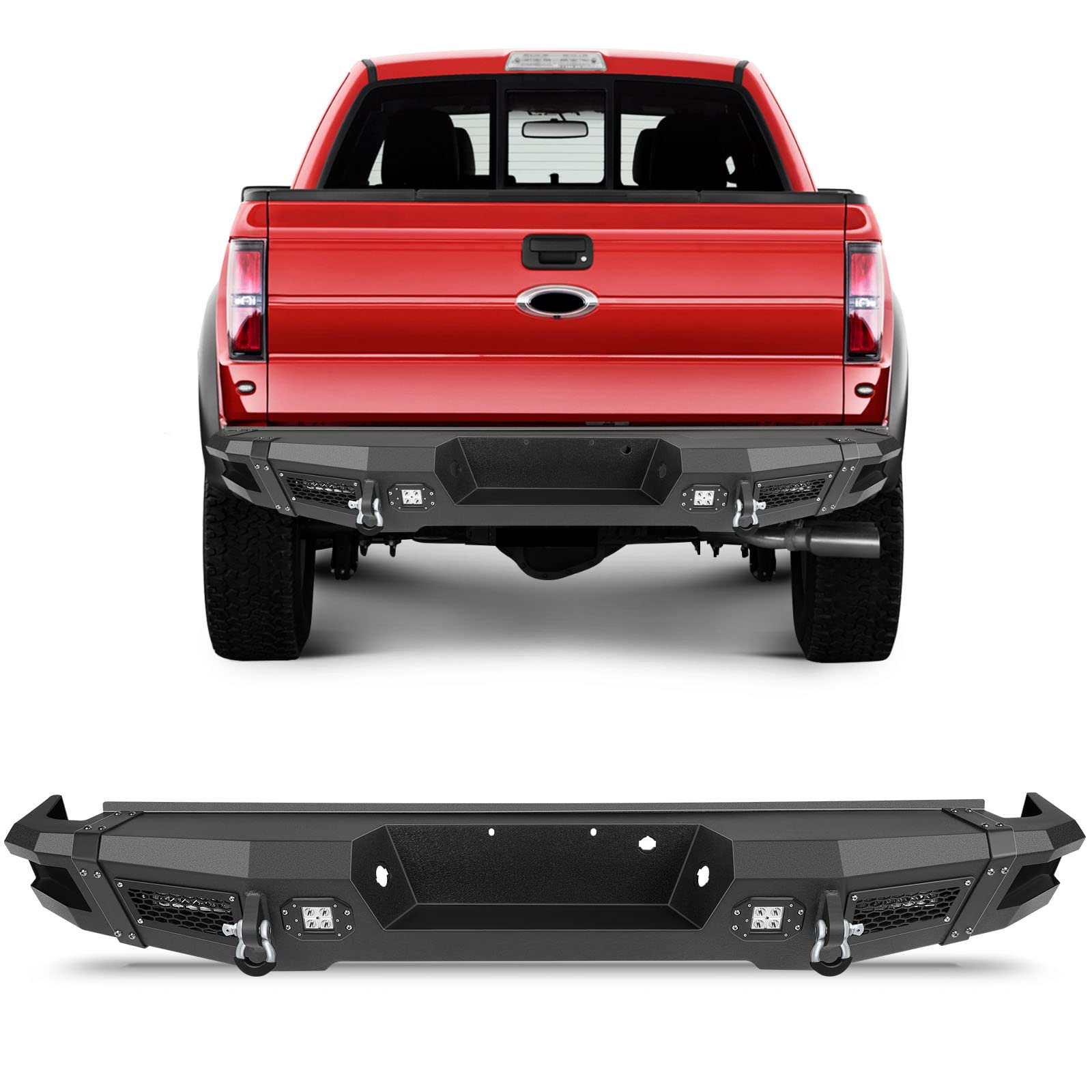 CCiyu Textured Black Rear Bumper with D-Ring & LED Lights for 2009-2014 Ford F-150 - Heavy-Duty Off-Road Protection & Towing Accessory