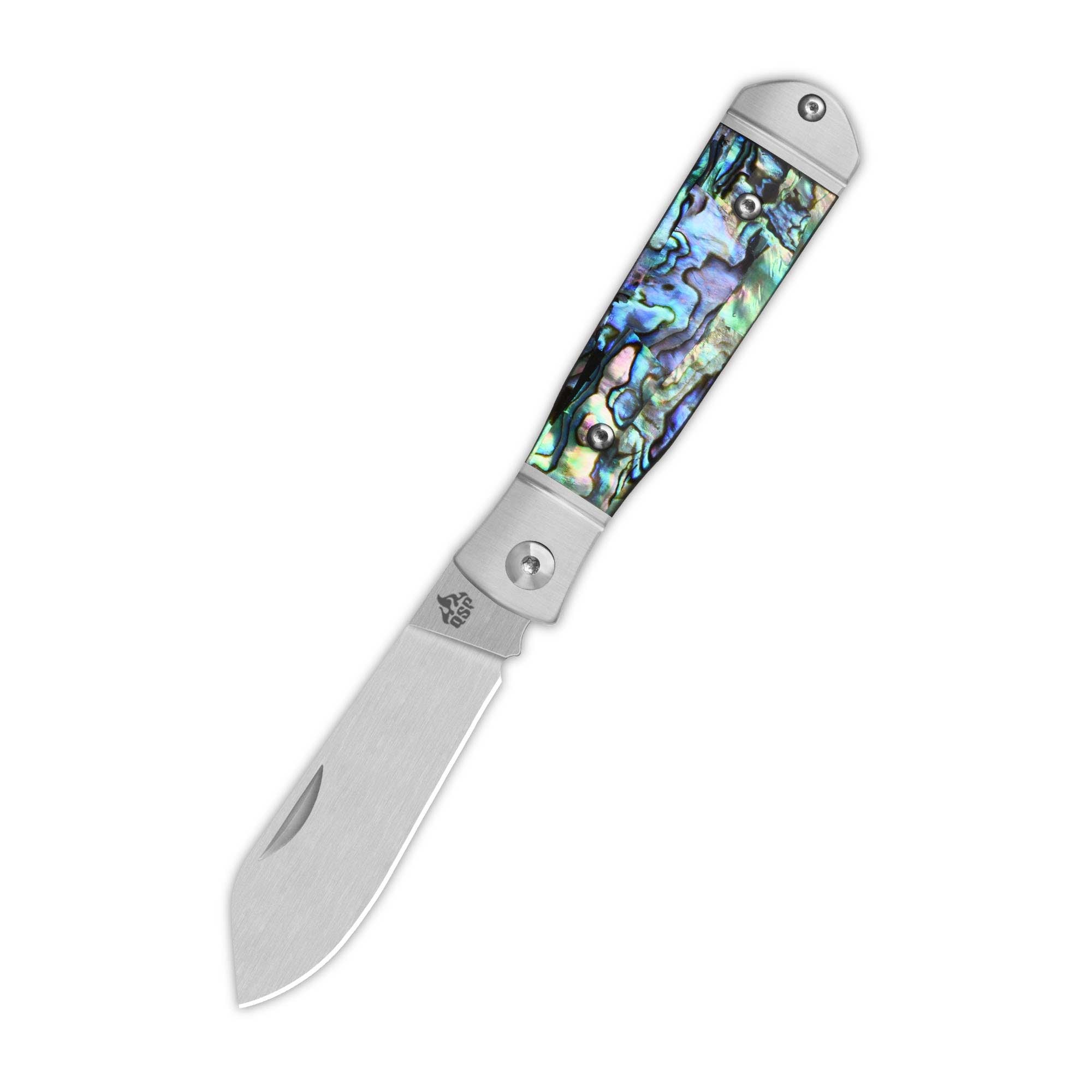 QSP Jumping Jack Slip Joint Pocket Knife - 14C28N Stainless Steel Blade with Abalone Handle - EDC, Camping & Outdoor Survival Tool