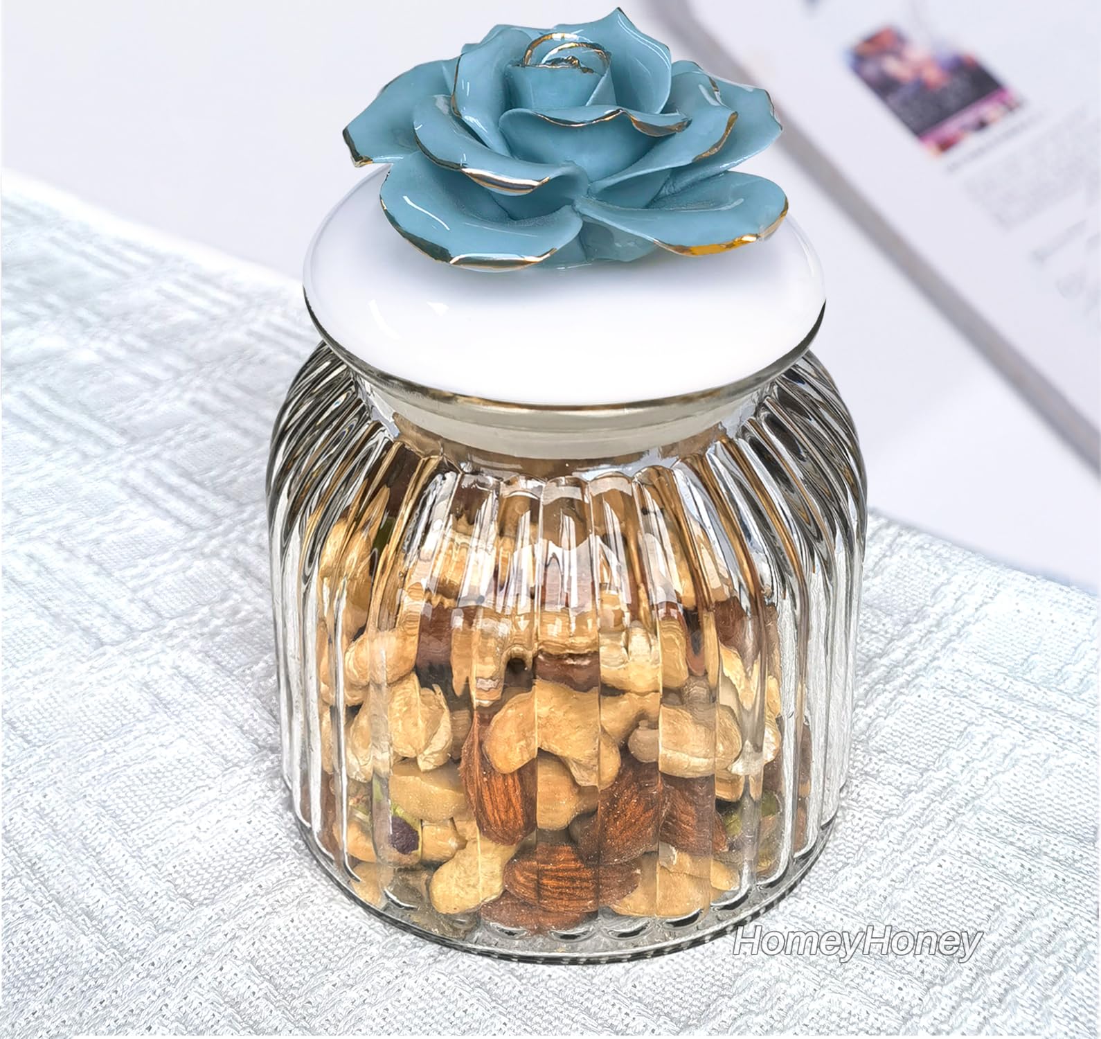 Handmade Glass Jars with Airtight Ceramic Lids - Porcelain Rose Design Food Storage Containers for Kitchen, Coffee, Tea, Sugar & Candy - Blue Rose Decorative Canisters (Set of 2) - Perfect for Pantry Organization & Home Decor