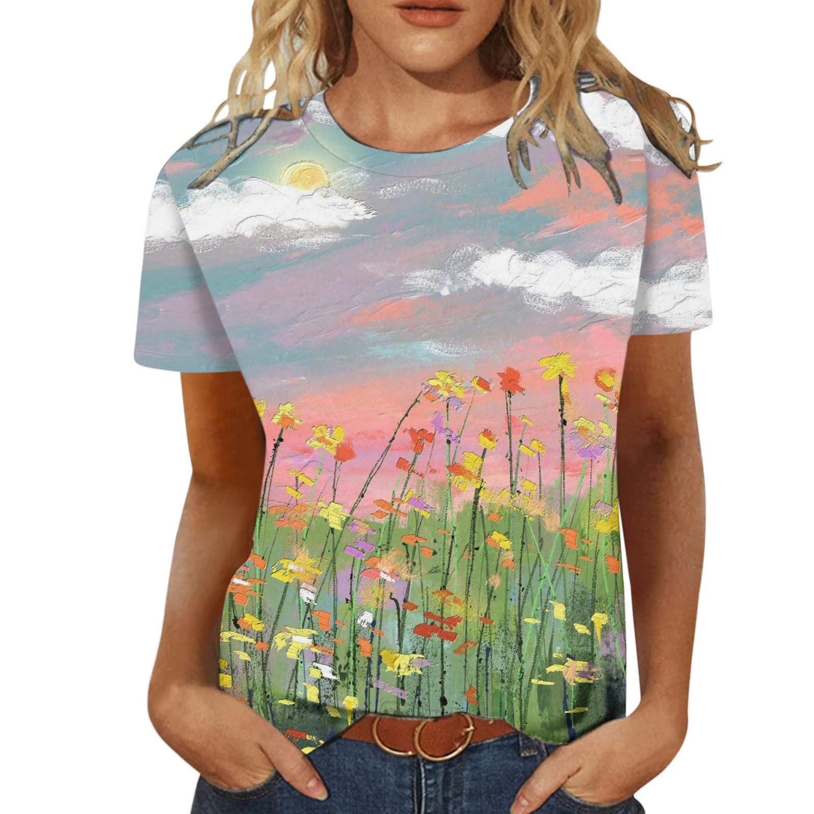 Women's Floral Short Sleeve Round Neck T-Shirt - Casual Summer Top in White | Perfect for Beach Outings, Picnics & Everyday Wear