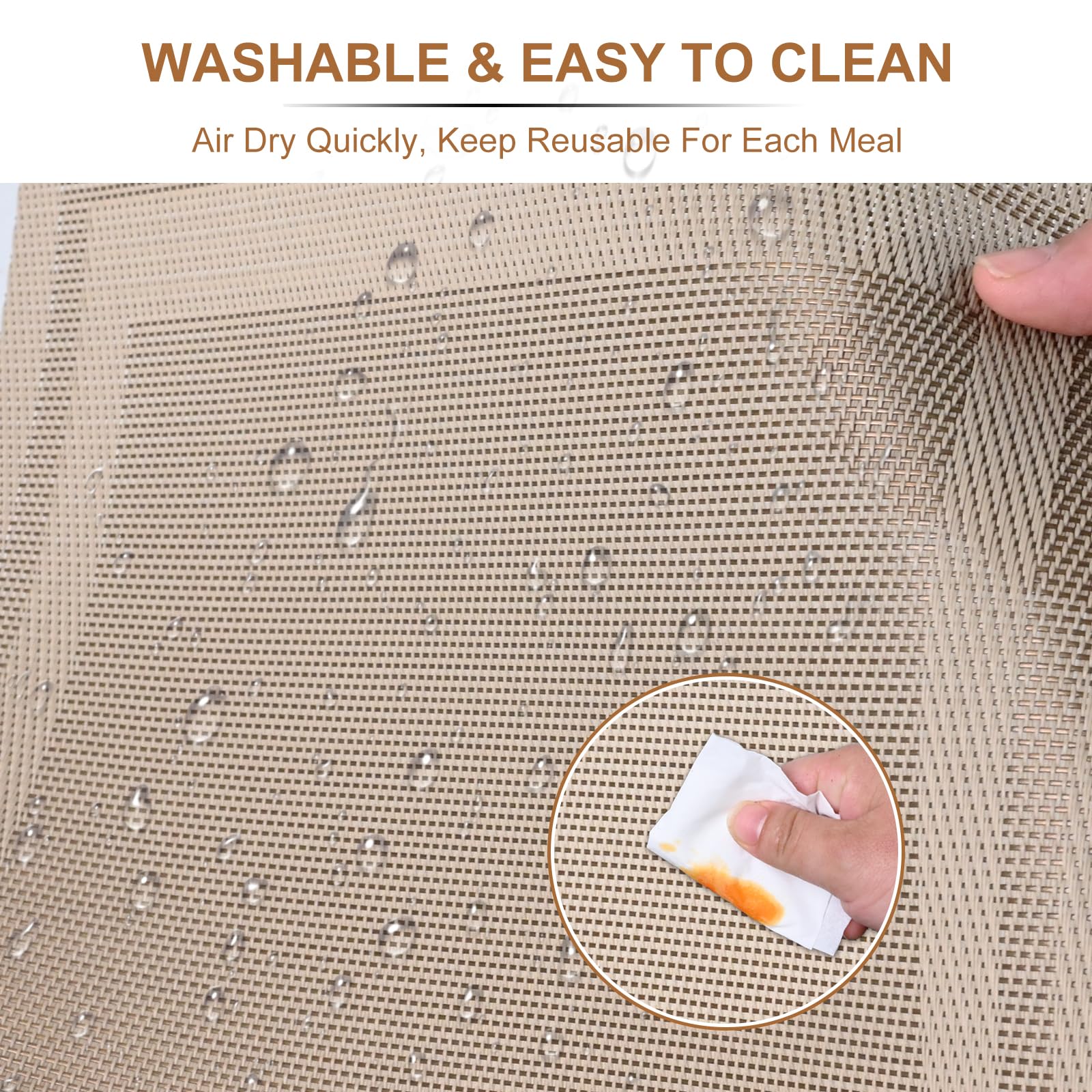 6-Piece Boho Woven Placemats Set - Waterproof Vinyl Table Mats for Indoor/Outdoor Dining - Beige Decorative Table Mats for Kitchen, Patio, and Picnic Use