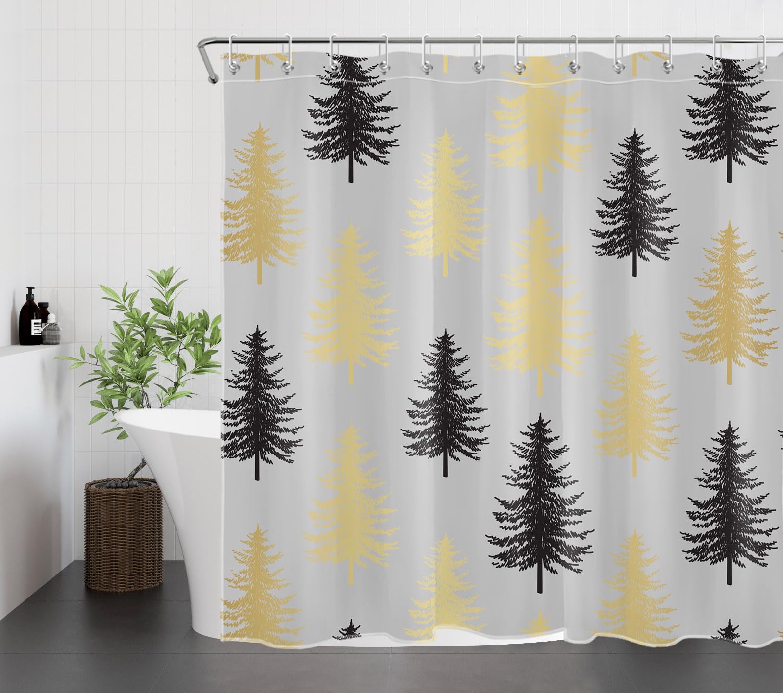 Black and Gold Christmas Tree Winter Shower Curtain Set - 72x72 Inch Holiday Bathroom Decor with Hooks for Xmas & New Year | Perfect for Festive Bathroom Makeovers & Seasonal Home Styling