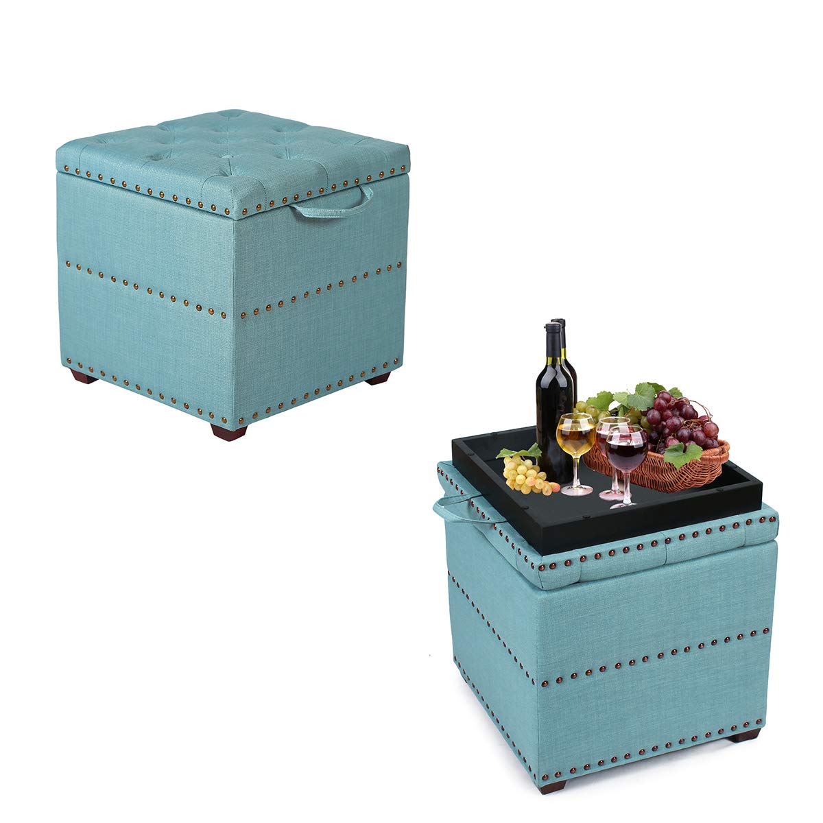 Adeco European Style Fabric Storage Ottoman Bench with Wooden Legs & Nailhead Trim - Blue Cube Footstool for Living Room, Bedroom & Entryway
