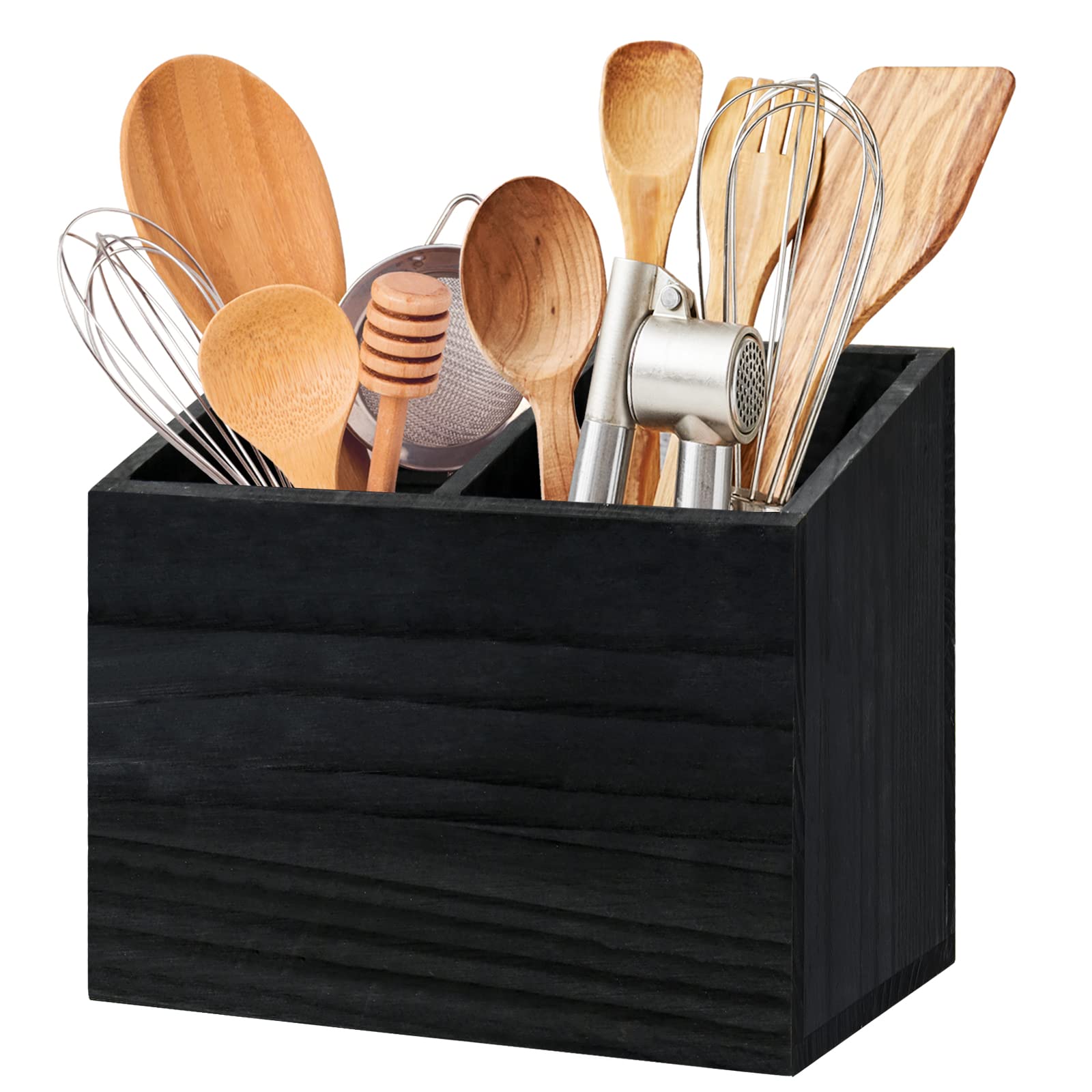 Y&ME YM Wooden Utensil Holder for Kitchen Counter - 2 Compartment Utensil Organizer & Silverware Caddy, Black Kitchen Decor Accessories for Stylish and Functional Countertop Storage