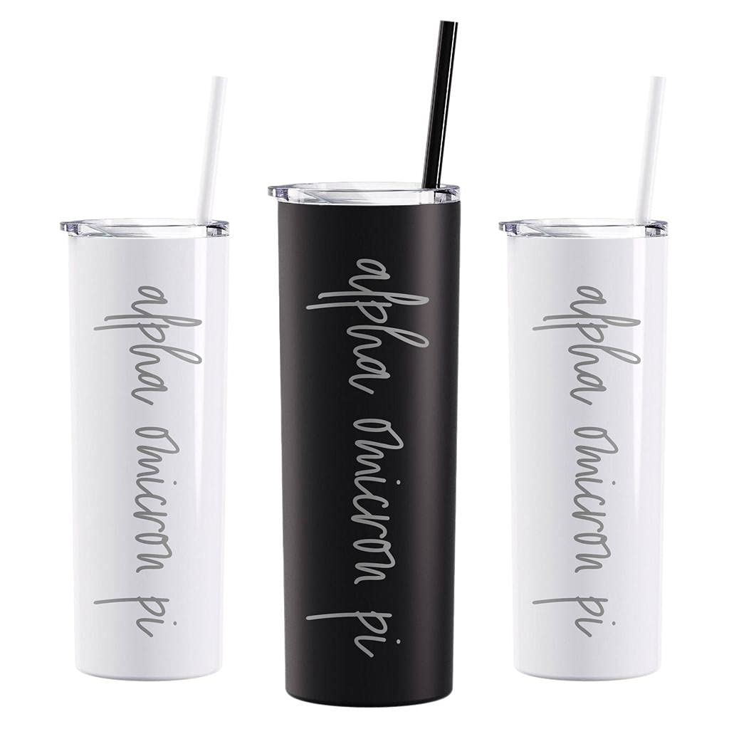 Alpha Omicron Pi Laser Engraved Tumbler with Straw - 20oz Insulated Stainless Steel Travel Mug - Custom Greek Life Sorority Drinkware - Perfect for College, Gifts & Everyday Hydration