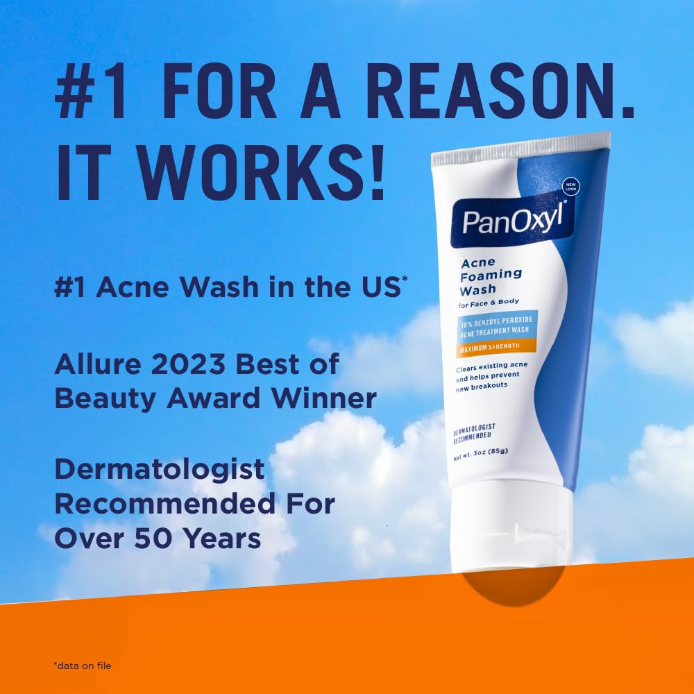 PanOxyl Acne Foaming Wash 10% Benzoyl Peroxide Maximum Strength Antimicrobial Face Cleanser - 3 oz Travel Size for Acne-Prone Skin - Perfect for Gym, Travel & Daily Skincare Routine