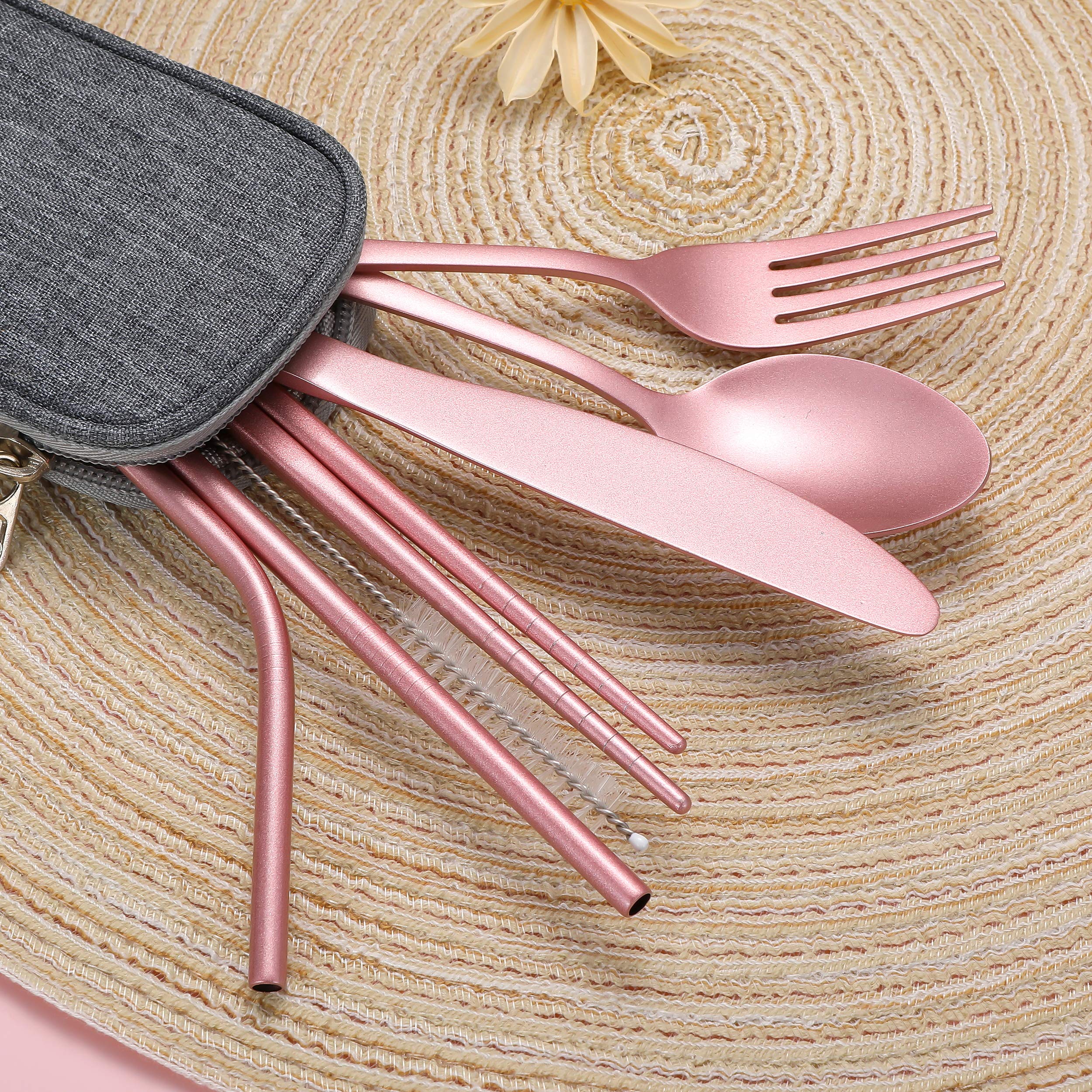 Premium Portable Stainless Steel Flatware Set - 16-Piece Travel & Camping Cutlery Kit with Waterproof Case (Pink) | Compact Utensils for Outdoor Picnics, Hiking, Road Trips & Airplane Travel