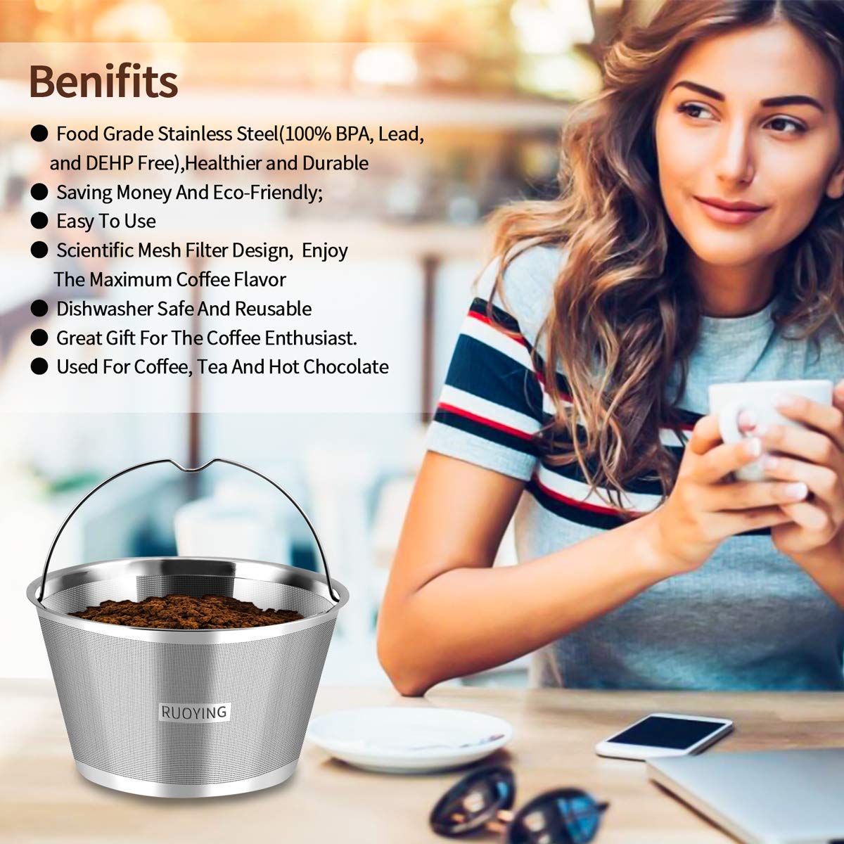 8-12 Cup Reusable Permanent Coffee Filter Basket - Fits Mr Coffee, Black & Decker, BUNN, Cuisinart & Hamilton Beach Drip Coffee Makers - Eco-Friendly Stainless Steel Mesh for Home, Office or Camping Use