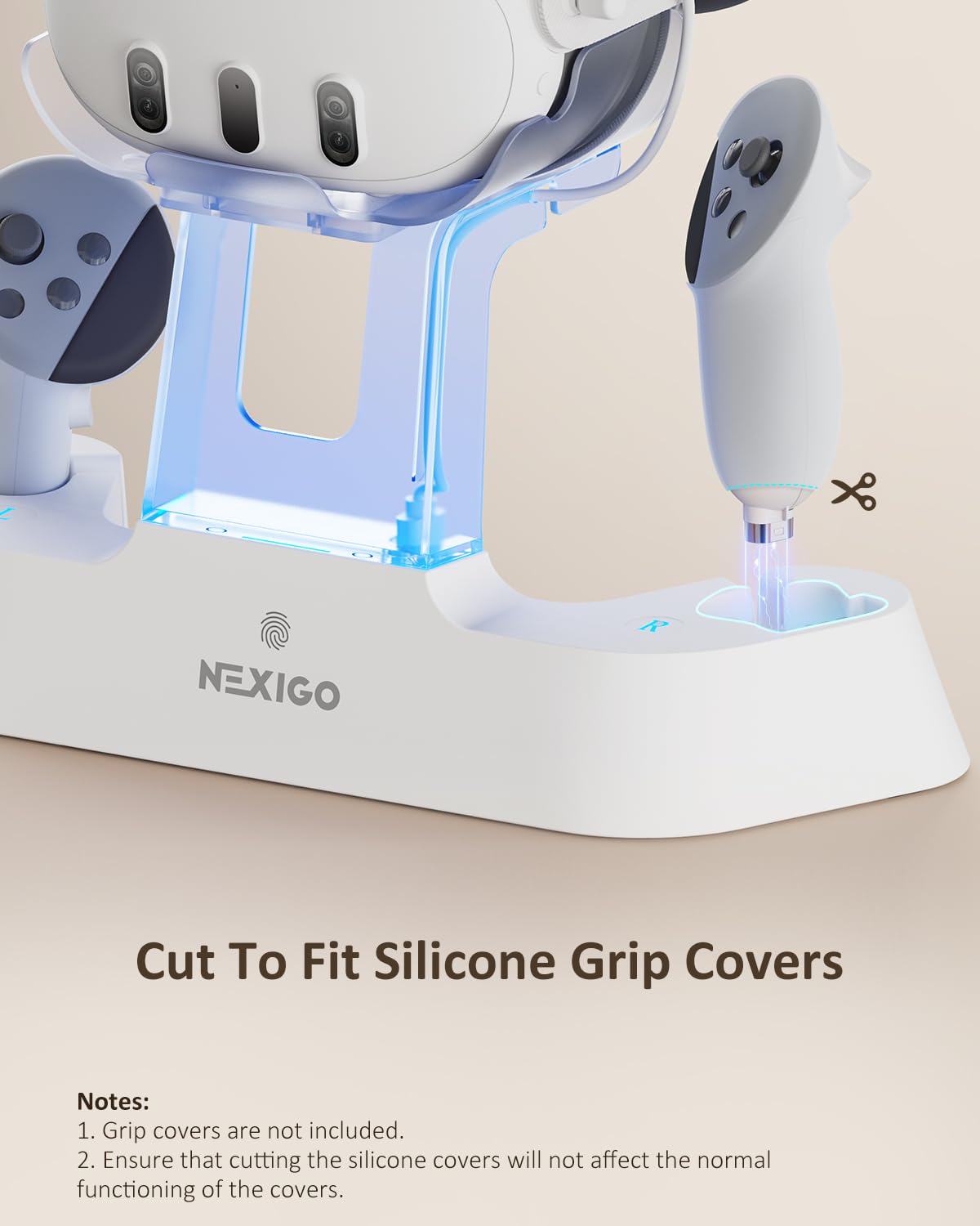 NexiGo Enhanced Charging Dock for Meta Quest 3 & 3S - LED Light Indicator, Elite Strap with Battery Compatible, Headset Display Stand & Controller Mount - Includes Rechargeable Batteries (White) - Perfect for VR Gaming Setup & Organized Storage