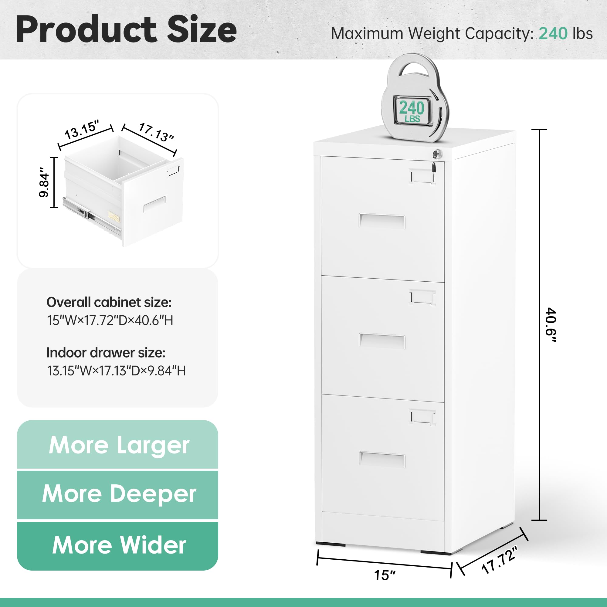Bonusall 3-Drawer Vertical File Cabinet with Lock - Metal Office Filing Cabinet for Legal/Letter Size Documents, White | Secure Storage for Home & Office Organization with Hanging File Rack
