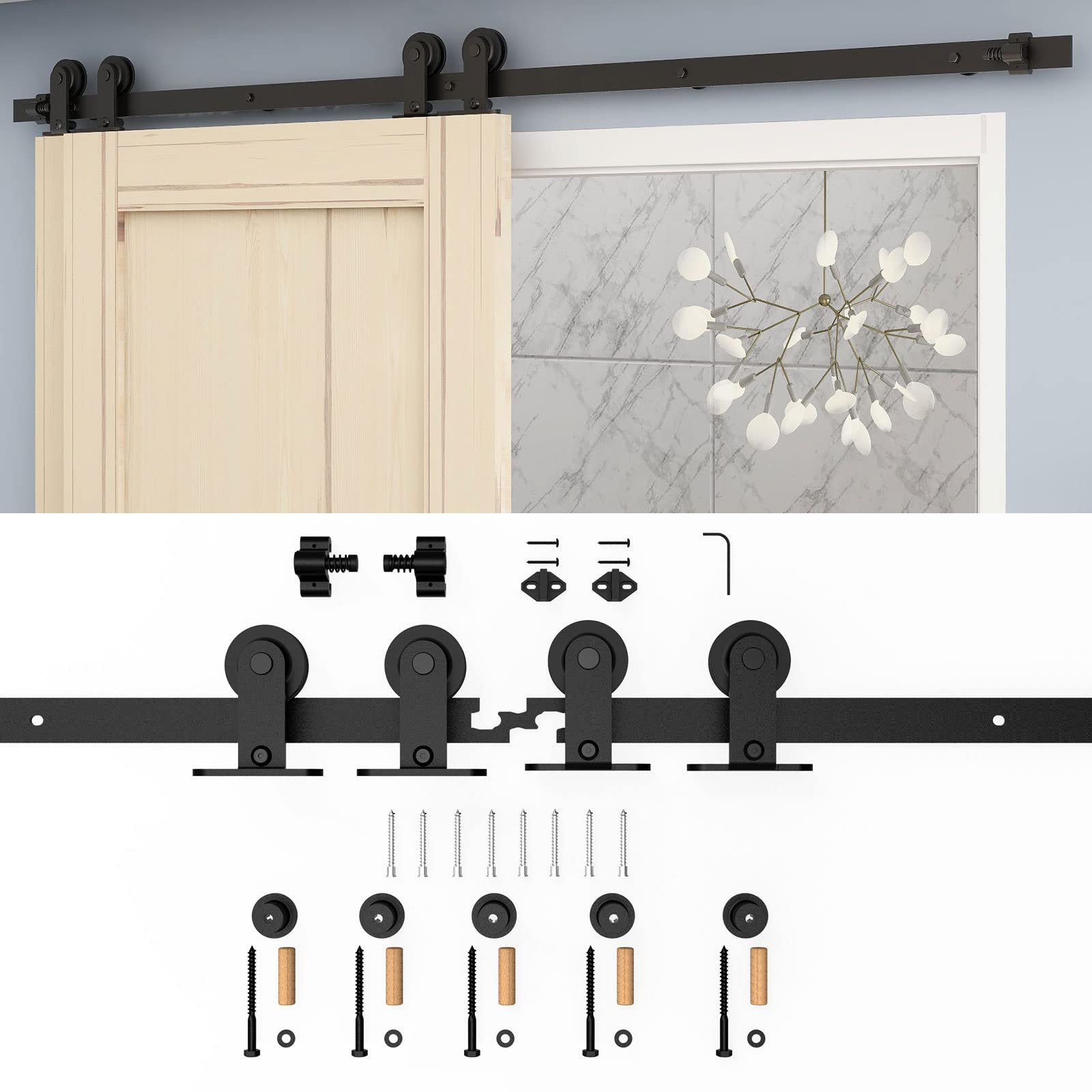 16FT Heavy Duty Bypass Sliding Barn Door Hardware Kit - Single Track System for Double Doors (1 3/16