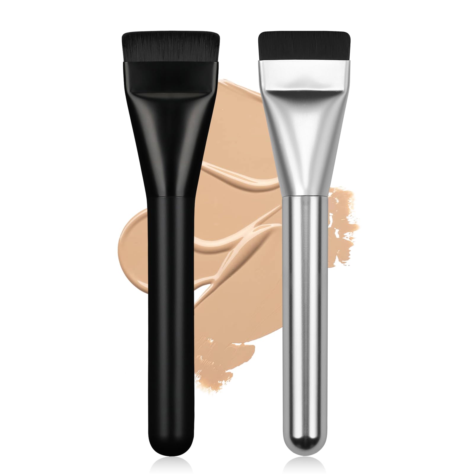 2Pcs Flat Foundation Brush Set - Premium Korean Makeup Brush for Liquid Foundation & Cream Blending - Face Mask Brush & Makeup Spatula (Black & Silver) - Perfect for Professional Makeup Application & At-Home Skincare Routine