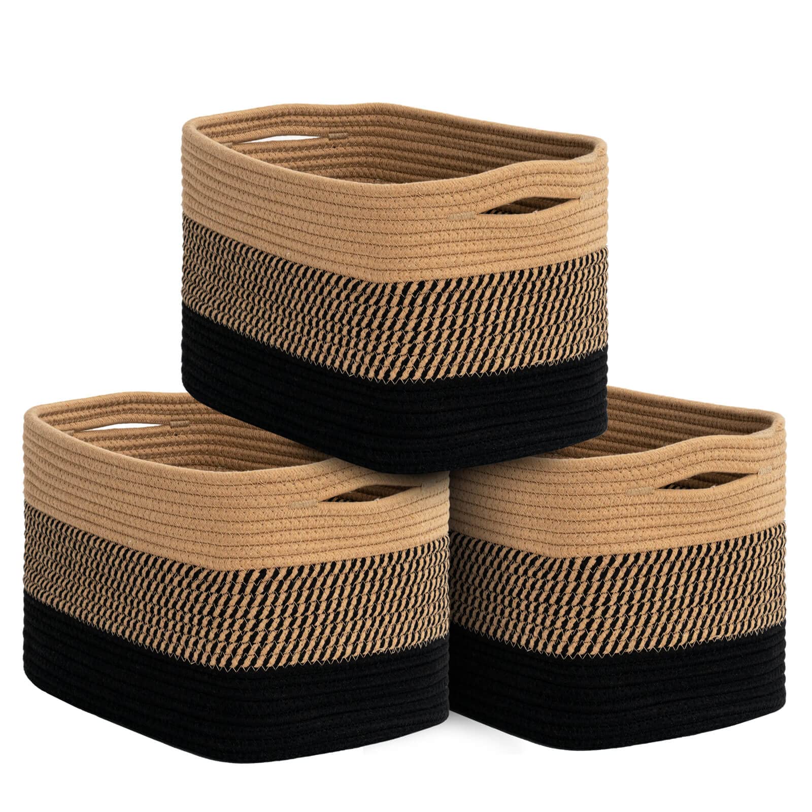 Goodpick Woven Rope Storage Baskets Set of 3 - Organizer Bins for Books, Toys, Towels | Shelf, Closet & Nursery Organization | Decorative Medium Cube Baskets in Black | Perfect for Home, Office & Kids Room Storage