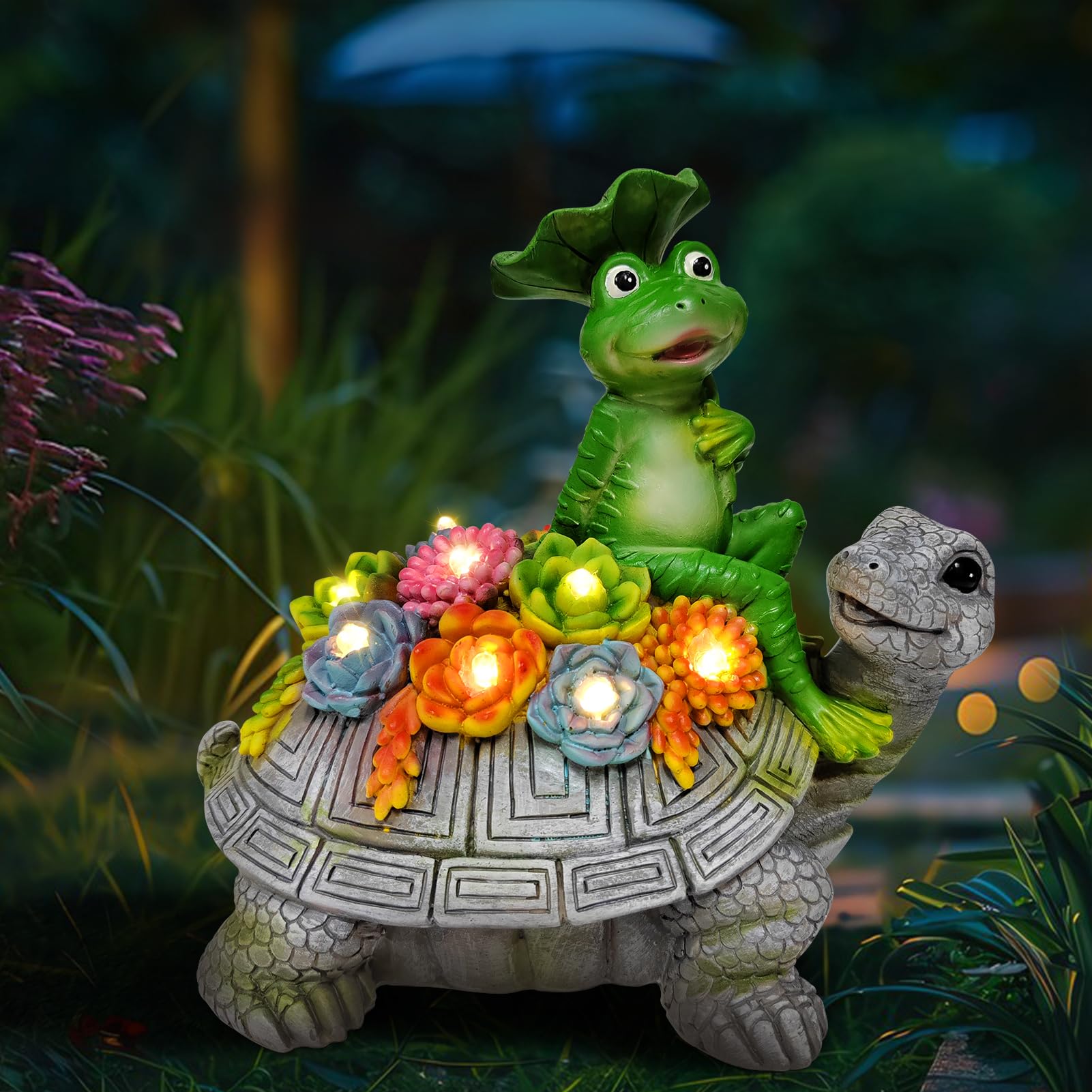 Solar-Powered Turtle & Frog Garden Statues with Succulent Planter & 8 LED Lights - Outdoor Lawn Decor for Patio, Yard - Perfect Housewarming Gift for Mom & Grandma - Ideal for Garden Pathways, Backyard Decor & Nighttime Ambiance