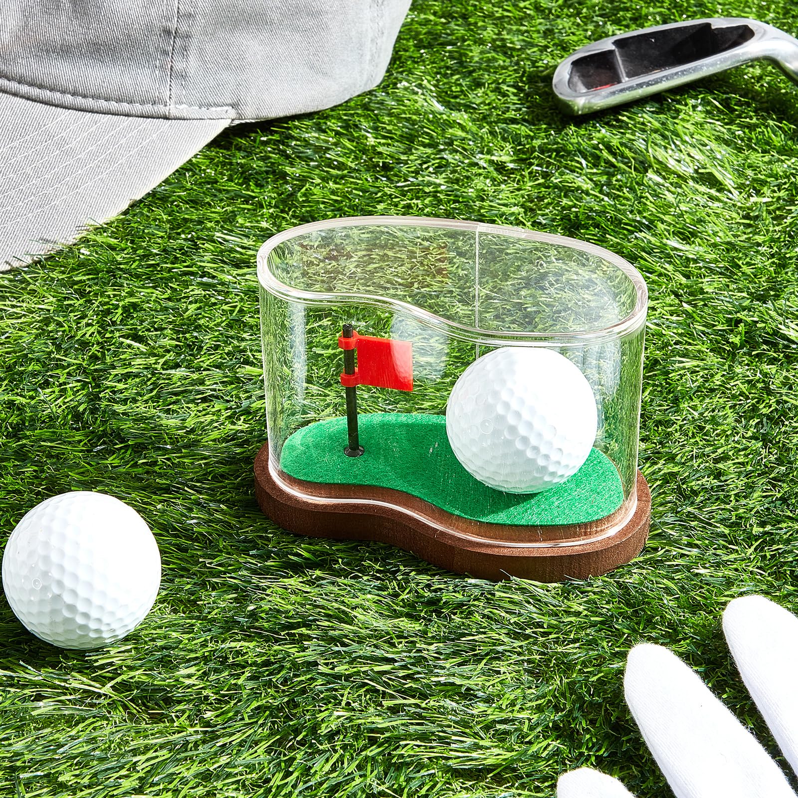 Soaoo Clear Acrylic Golf Ball Display Case with Wood Base & Flag - 3.94 x 2.95 x 3.43 Inches Protective Transparent Holder for Collectible Golf Balls - Perfect for Showcase, Gift, or Home/Office Decoration