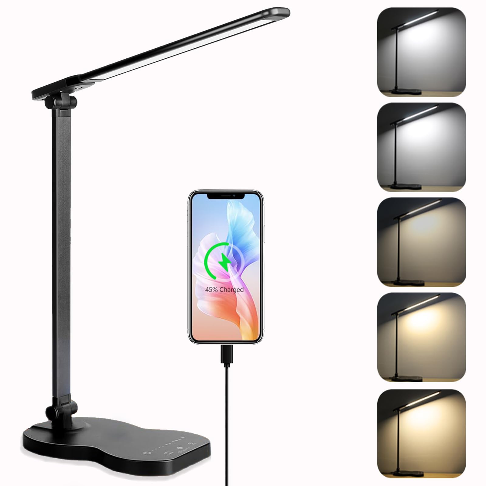 **LED Desk Lamp with USB Charging Port - 5 Color Modes & 10 Brightness Levels, Adjustable Dimmable Foldable Reading Light (3000K-6500K) - Violin-Shaped Black Office Lamp for Home, Study, or Work**