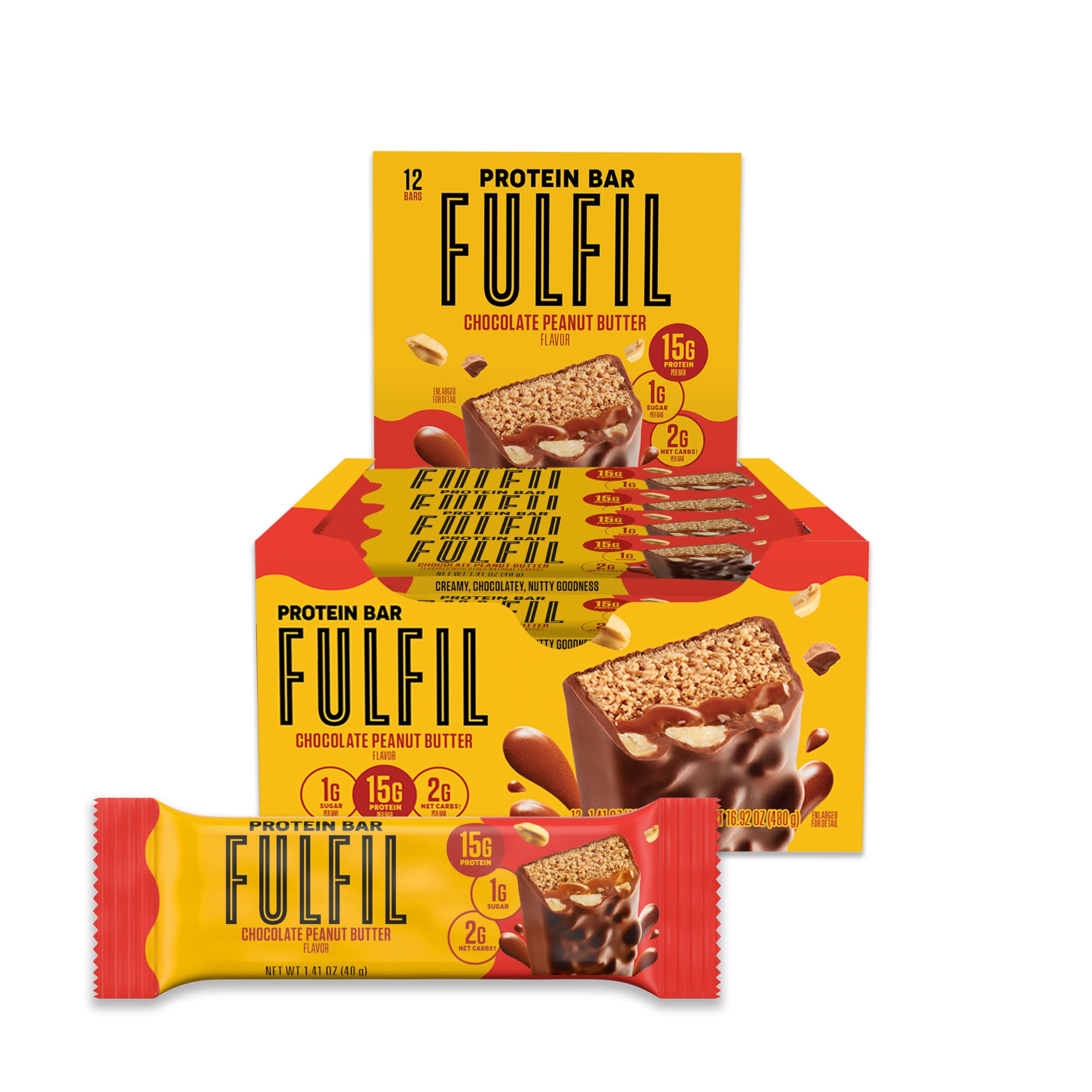FULFIL High Protein Snack Bars - Chocolate Peanut Butter Flavor, 15g Protein per Bar, Gluten Free, Keto Friendly (Pack of 12) | Perfect for Workout Recovery, Office Snacks & Healthy On-the-Go Nutrition