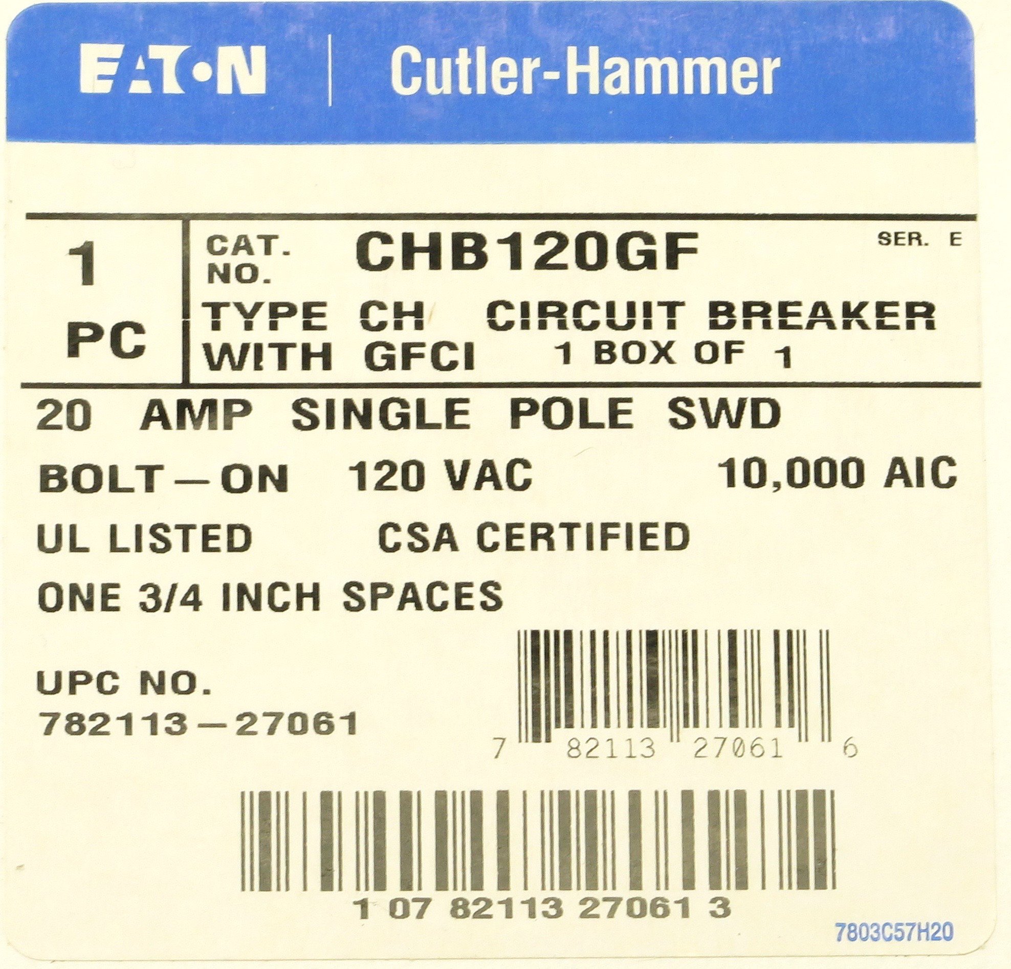 Eaton Cutler Hammer CH 1-Pole 20 Amp GFCI Circuit Breaker - Bolt-On Type for Electrical Panels | Perfect for Home, Office & Commercial Use