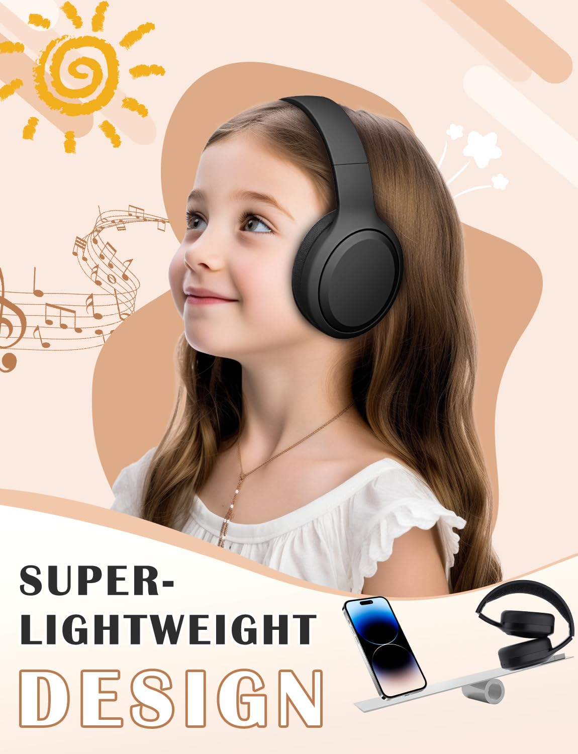 Kids Bluetooth Headphones Wireless with Mic - Bluetooth 5.1 Over-Ear Foldable Headphones for Children, Stereo Sound, Lightweight & Portable for School, iPad, Tablet, Travel, and Online Classes (Black)