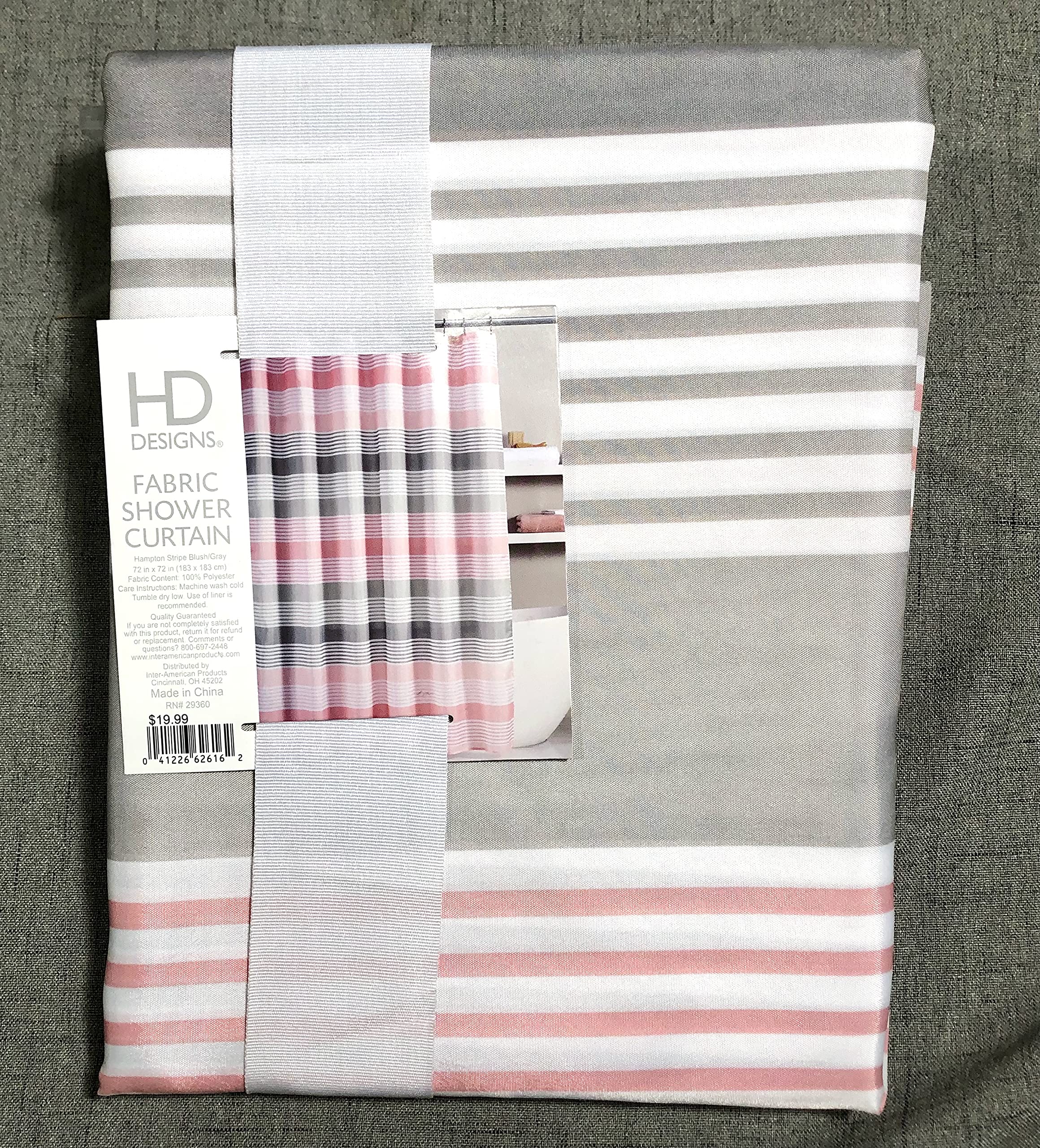 HD Designs Stripe Fabric Shower Curtain - Hampton Stripe Blush/Gray, 72x72 Inches Standard Size, Waterproof Bathroom Decor for Modern & Classic Homes