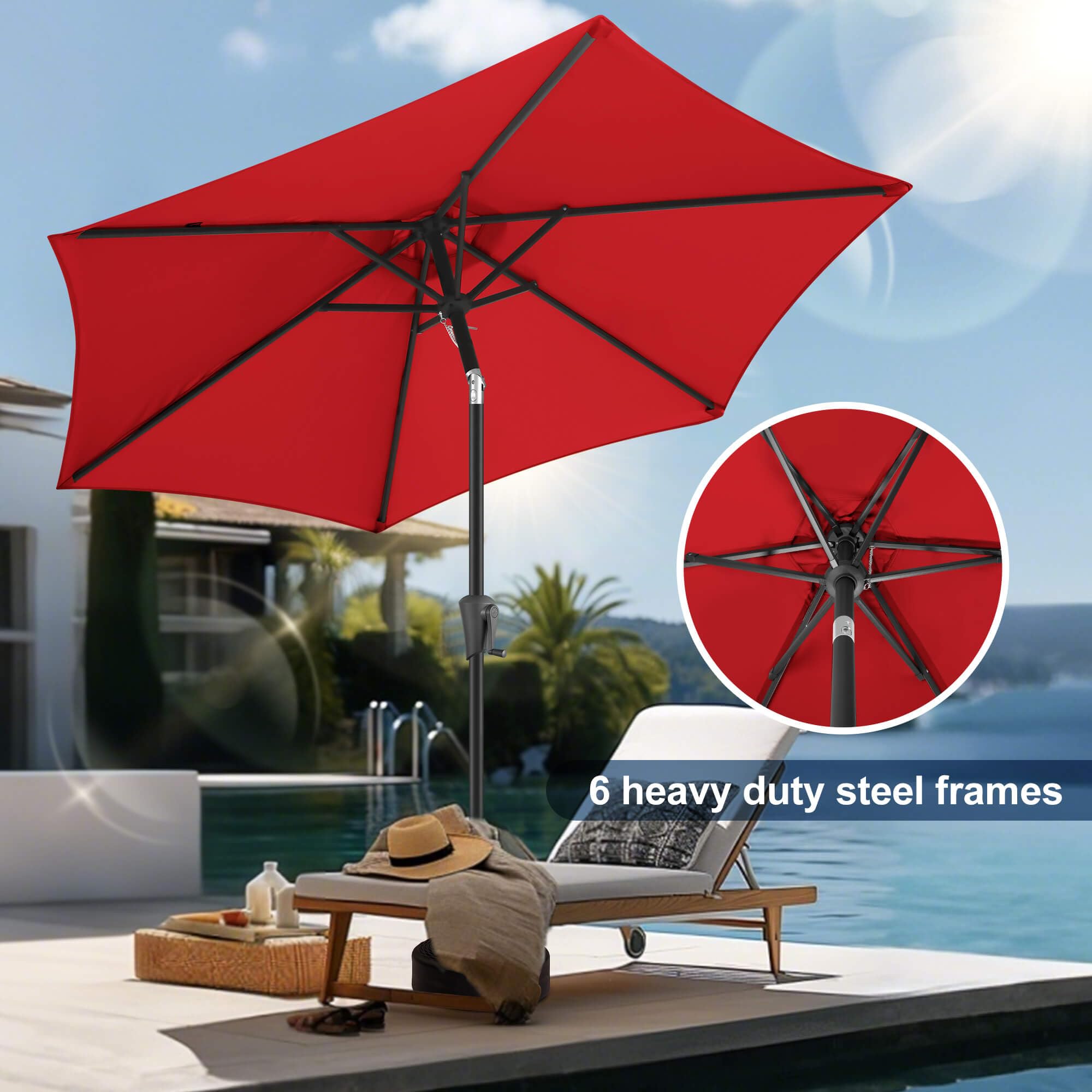 7.5ft Patio Umbrella with Tilt & Crank - UV Protection for Garden, Pool & Beach (Red)