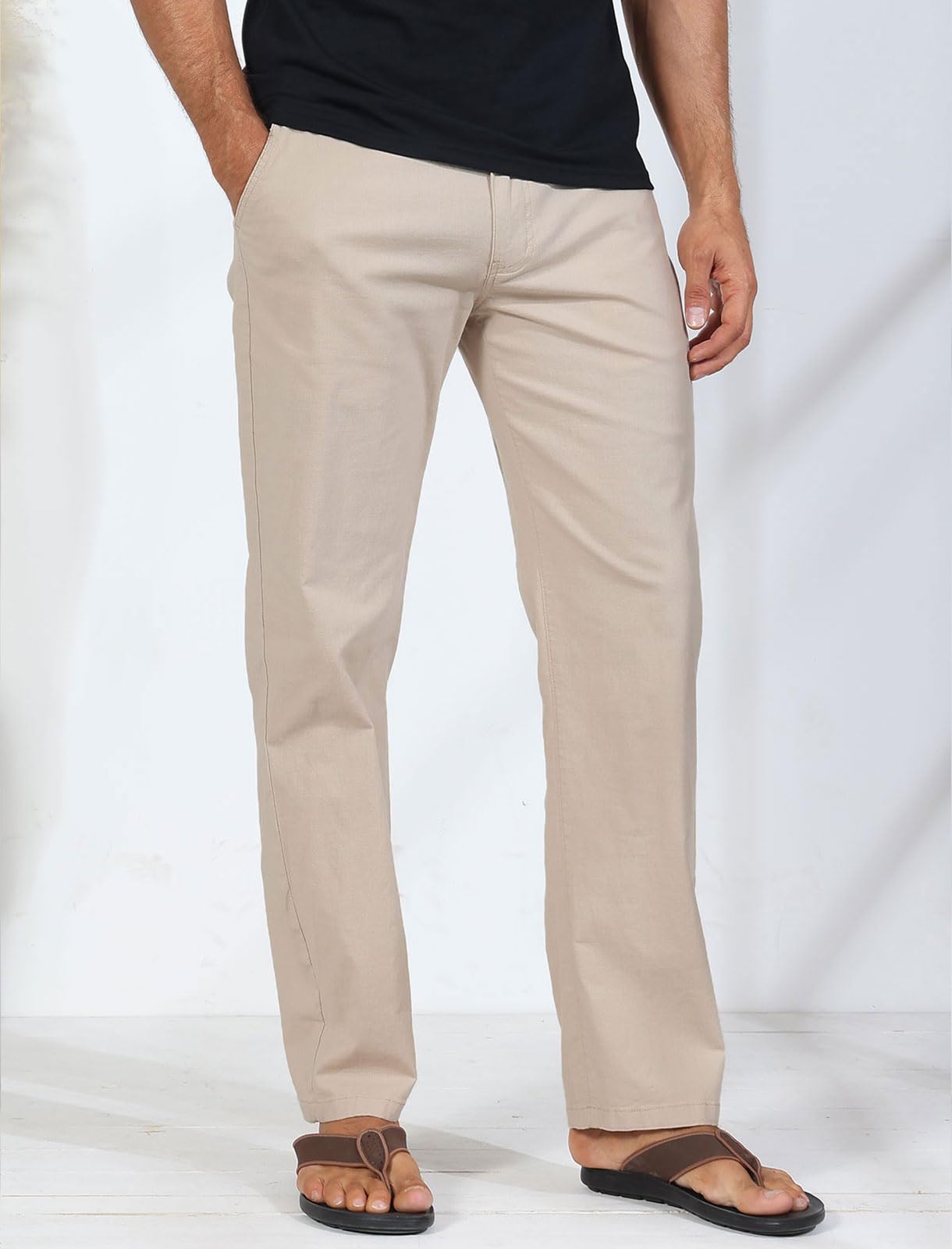 Soojun Men's Casual Linen Blend Pants - Relaxed Fit Straight Leg Elastic Waist Comfortable Summer Trousers for Travel, Work & Everyday Wear
