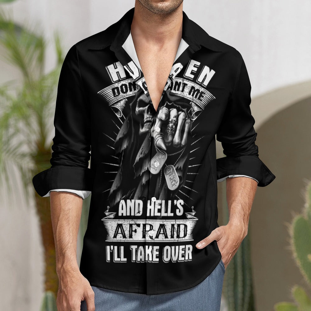 Hell's Afraid I'll Take Over - Casual Long Sleeve One Pocket T-Shirt for Men | Streetwear, Graphic Tees, Everyday Wear & Urban Fashion