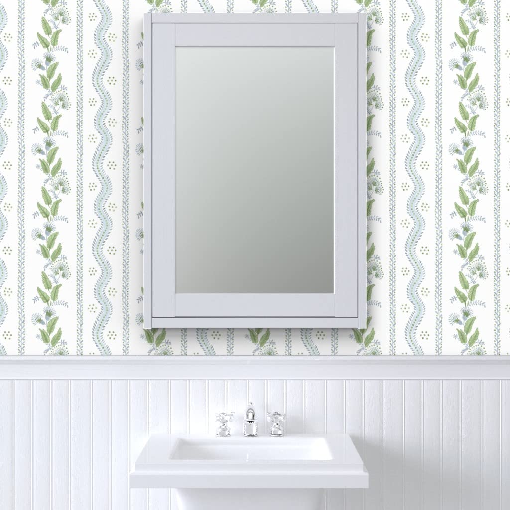 Peel & Stick Removable Wallpaper 3ft x 2ft - Soft Blue Green White Stripes with Floral Dots | Traditional Custom Wall Decal for Bedroom, Nursery & Home Office Decor